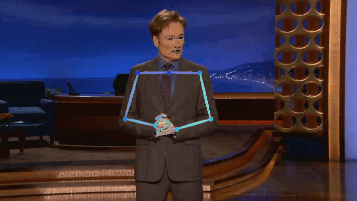 Animated gesture overlay showing Conan's speech-driven arm and hand motion prediction.