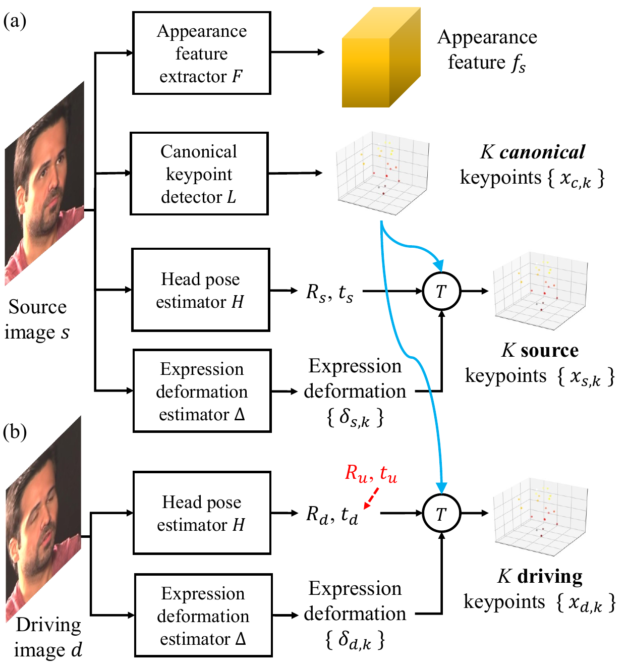 Source and driving feature extraction. (a) From the source image, we extract appearance features and 3D canonical keypoints. We also estimate the head pose and the keypoint perturbations due to expressions. We use them to compute the source keypoints. (b) For the driving image, we again estimate the head pose and the expression deformations. By reusing canonical keypoints from the source image, we compute the driving keypoints.