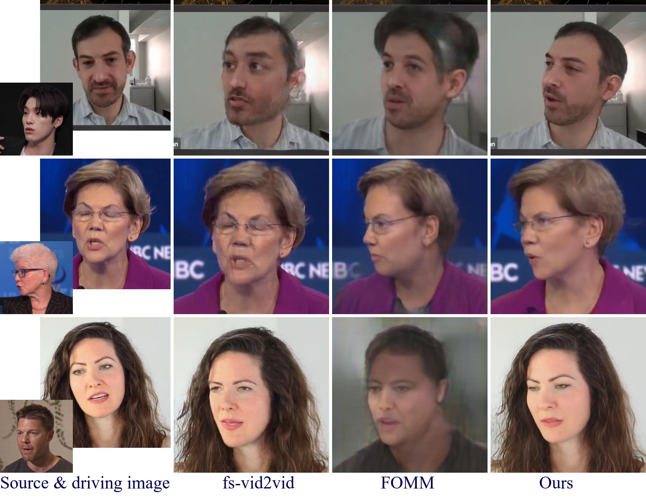 Qualitative results for cross-subject motion transfer. Ours captures the motion and preserves the identity better.