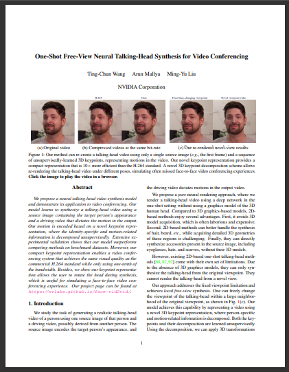 Paper thumbnail highlighting the model's capability in neural talking-head video synthesis.