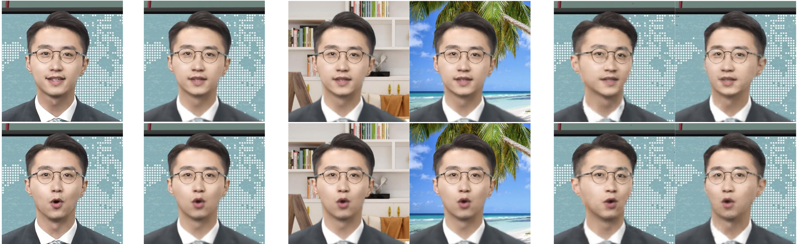 Our method can generate talking head frames with freely adjusted viewing directions and various background images. Each row from left to right: original frames from a video, reconstructed results with audio and pose from the original video, two samples of background-replacement results, two samples of pose-manipulation results.