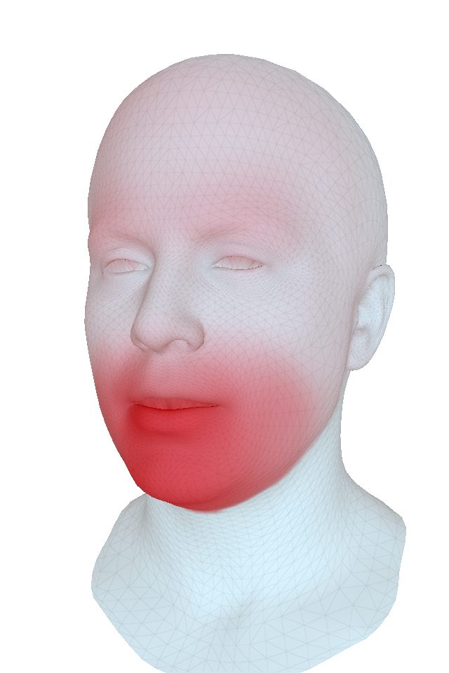 Impact of the audio and expression modalities on the generated face meshes. Audio steers primarily the mouth area but has also a visible impact on eyebrow motion. Expression meshes influence primarily the upper face parts including the eye lids.