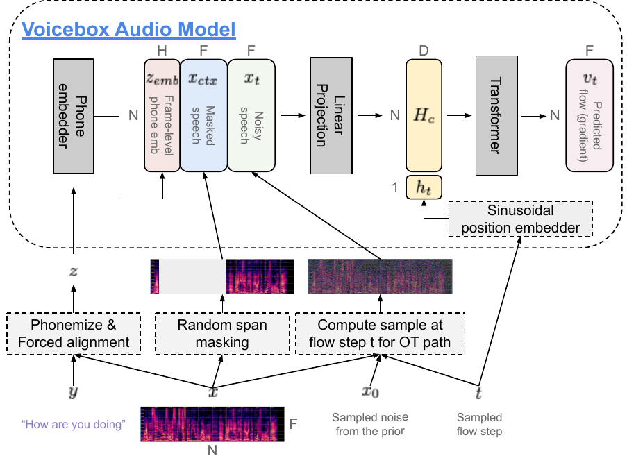 Illustration of the Voicebox audio model. The lower half illustrates how inputs are created during training. $N$ denotes the number of frames, $H$ for the phone embedding dimension, $F$ for the spectral feature dimension, and $D$ for the Transformer input dimension. Solid dark gray blocks denote trainable components, and light gray blocks with dashed border are frozen components or operations without trainable parameters.
