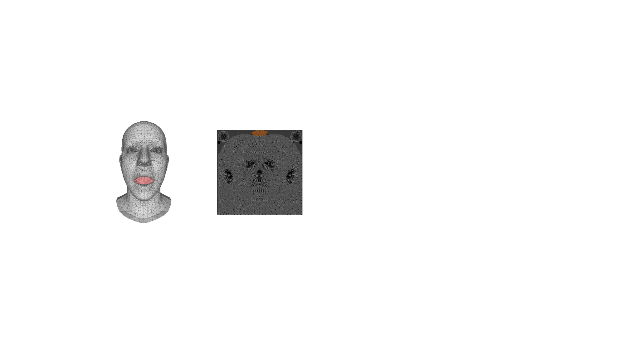 To well model interior mouth, we close the mouth cavity of FLAME mesh with additional faces and broaden up corresponding area on UV map.