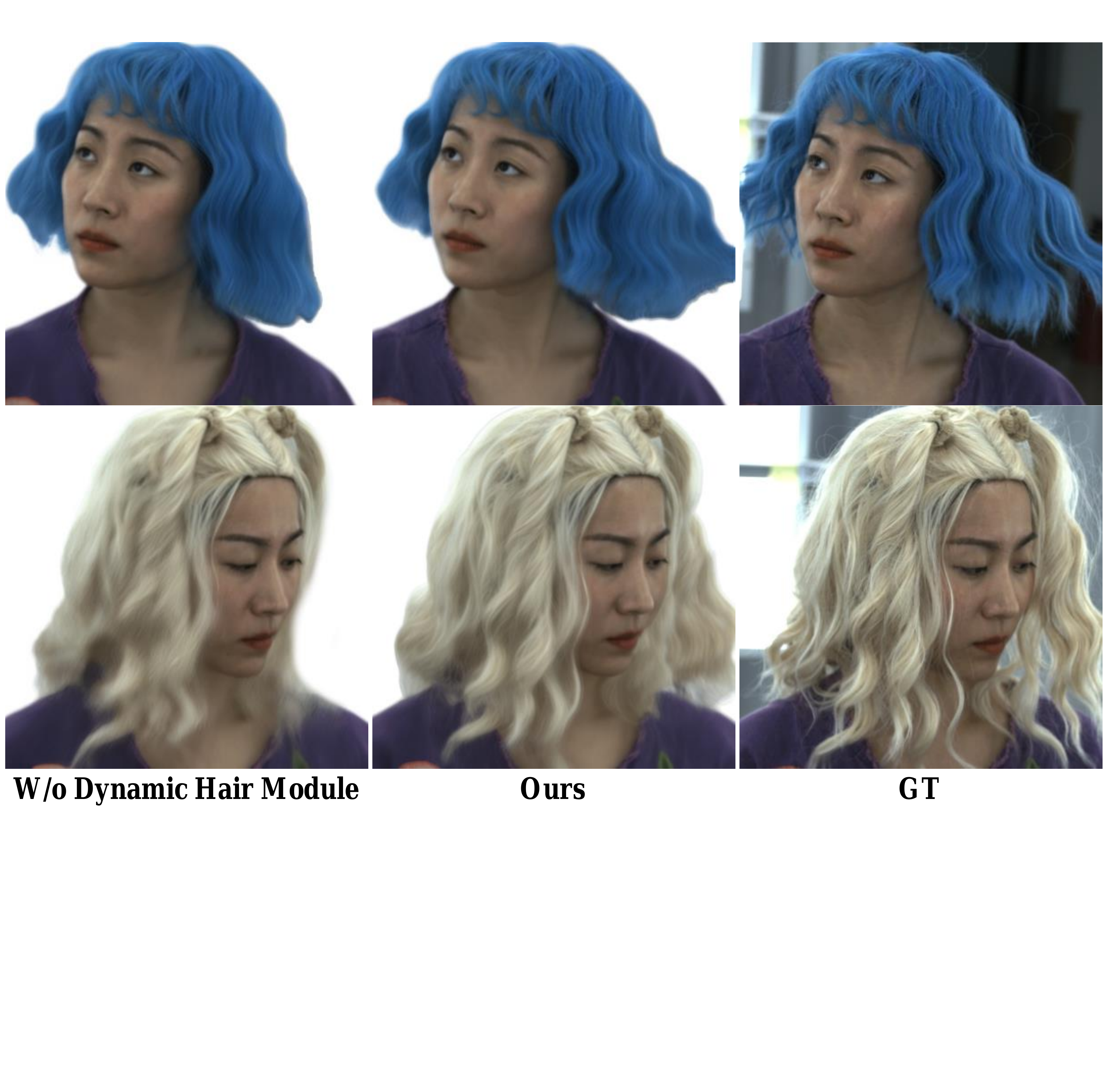 Ablation study on the dynamic hair module: our approach can capture the motion of the hair and reconstruct more accurate hair.