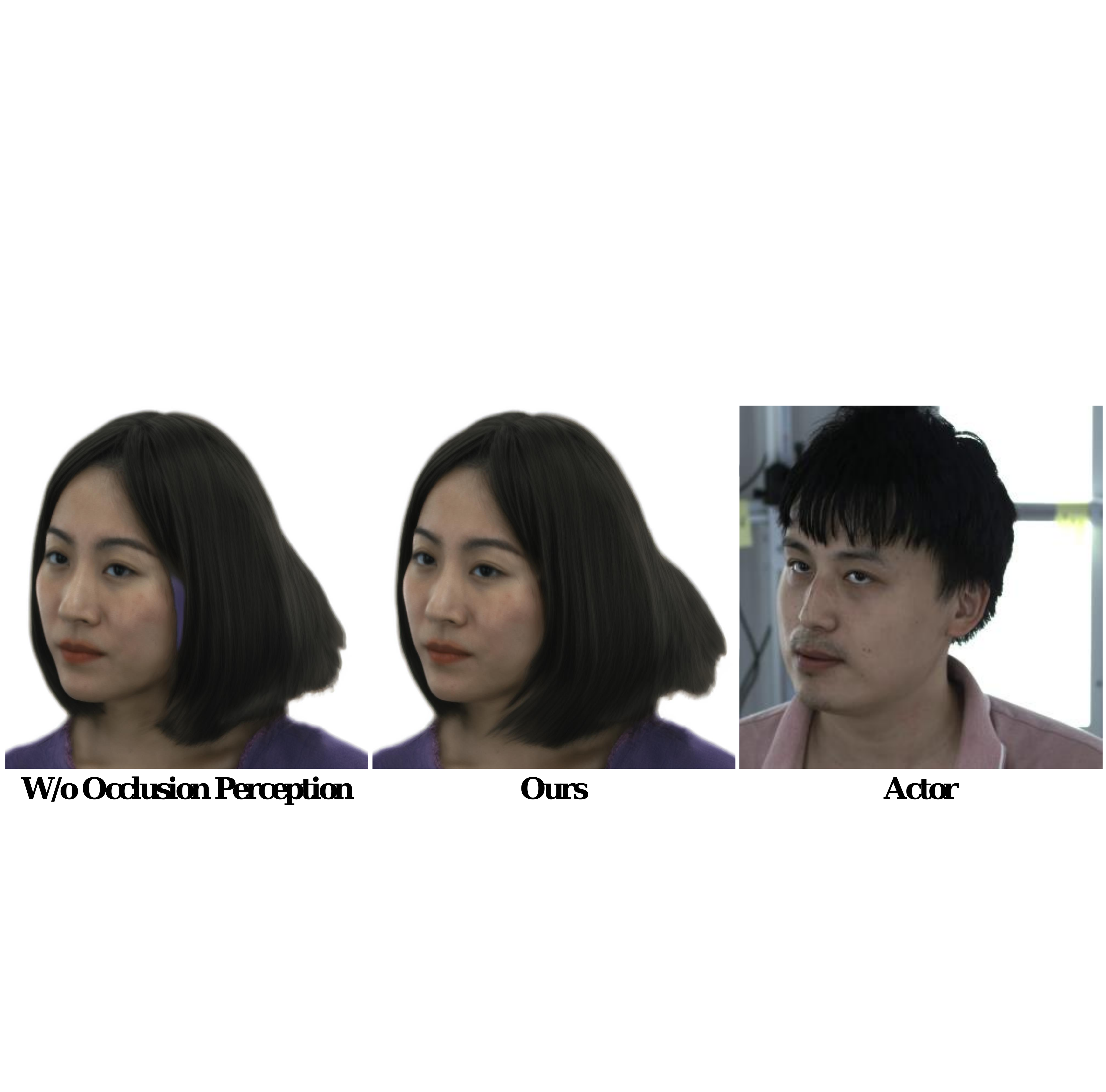 Ablation study on the dynamic hair module: our approach can capture the motion of the hair and reconstruct more accurate hair.