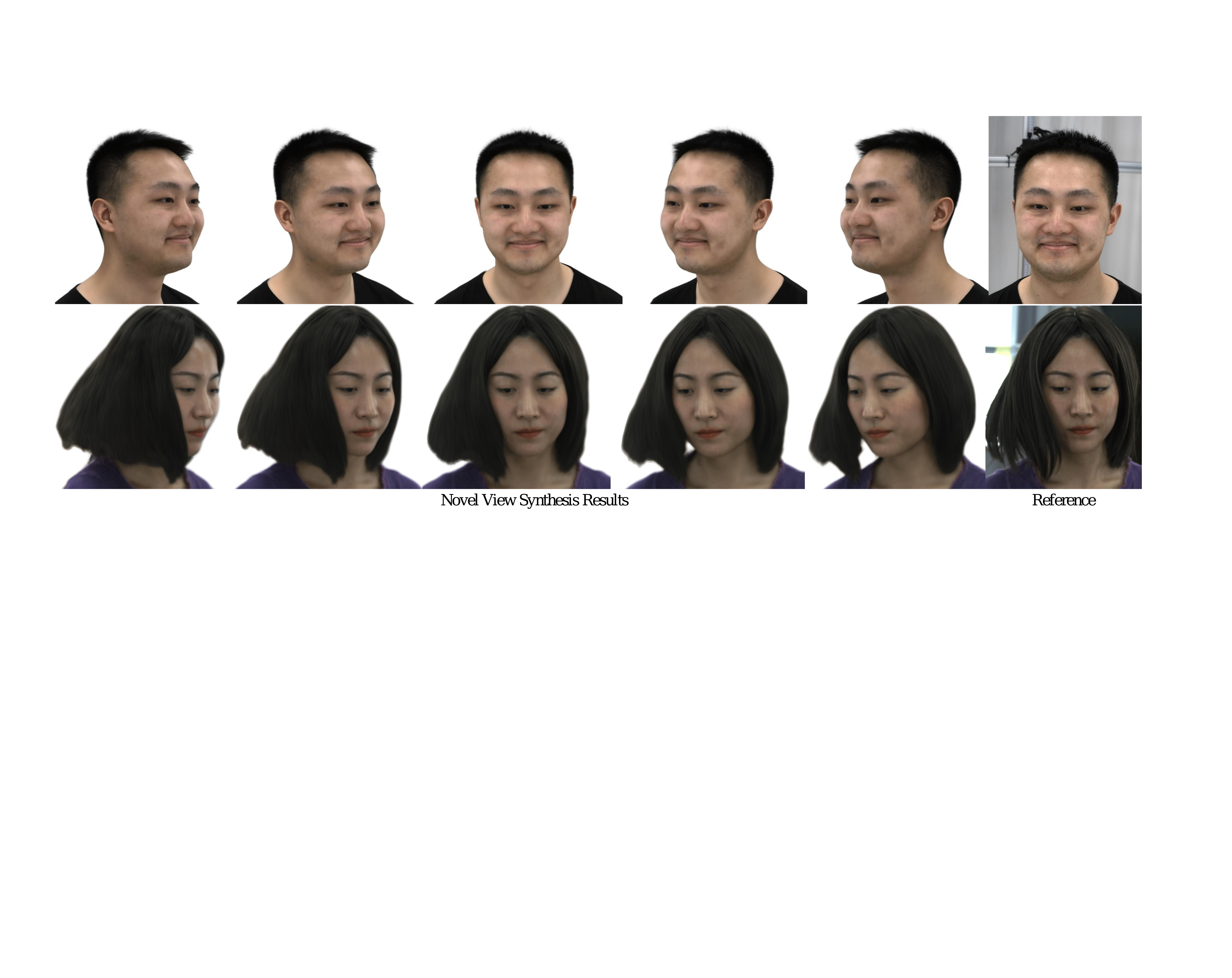 Novel view synthesis results of our method. Top: we use 8-view synchronized videos for training the avatar. Bottom: we use 4-view synchronized videos for training the avatar with dynamic hais.