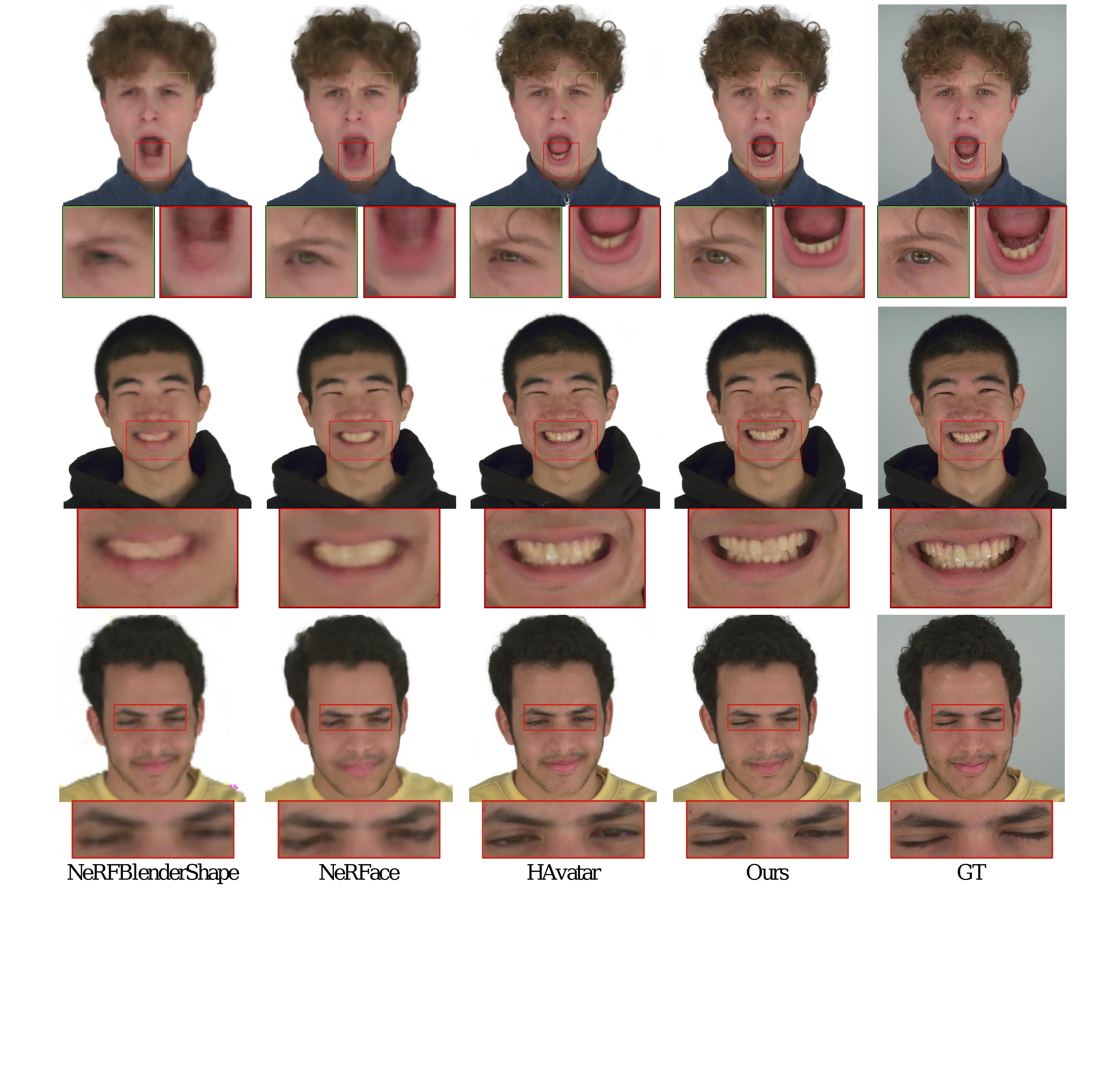 Qualitative comparisons of different methods on self reenactment task in NeRSemble dataset~. From left to right: NeRFBlendShape~, NeRFace~, HAvatar~ and Ours. Our method can reconstruct details like beards, teeth, eyes, etc. with high quality.