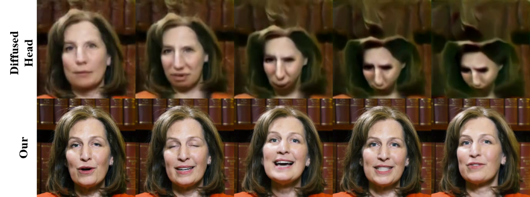 Comparisons with Diffused Heads, the duration of generated clips is 6 seconds, the results of Diffused Heads have low resolution and are compromised by error accumulation across the generated frames.