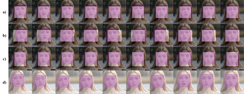 The comparisons on inputting different face regions, the detected facial bboxes in the generated video are denoted by purple regions, while the designated input face regions are represented by white. a) Utilizing the reference image's facial bbox as the face region; b) input an extended bbox with increased width; c) input an expanded bbox with greater height; d) applying a uniform white mask as face region.