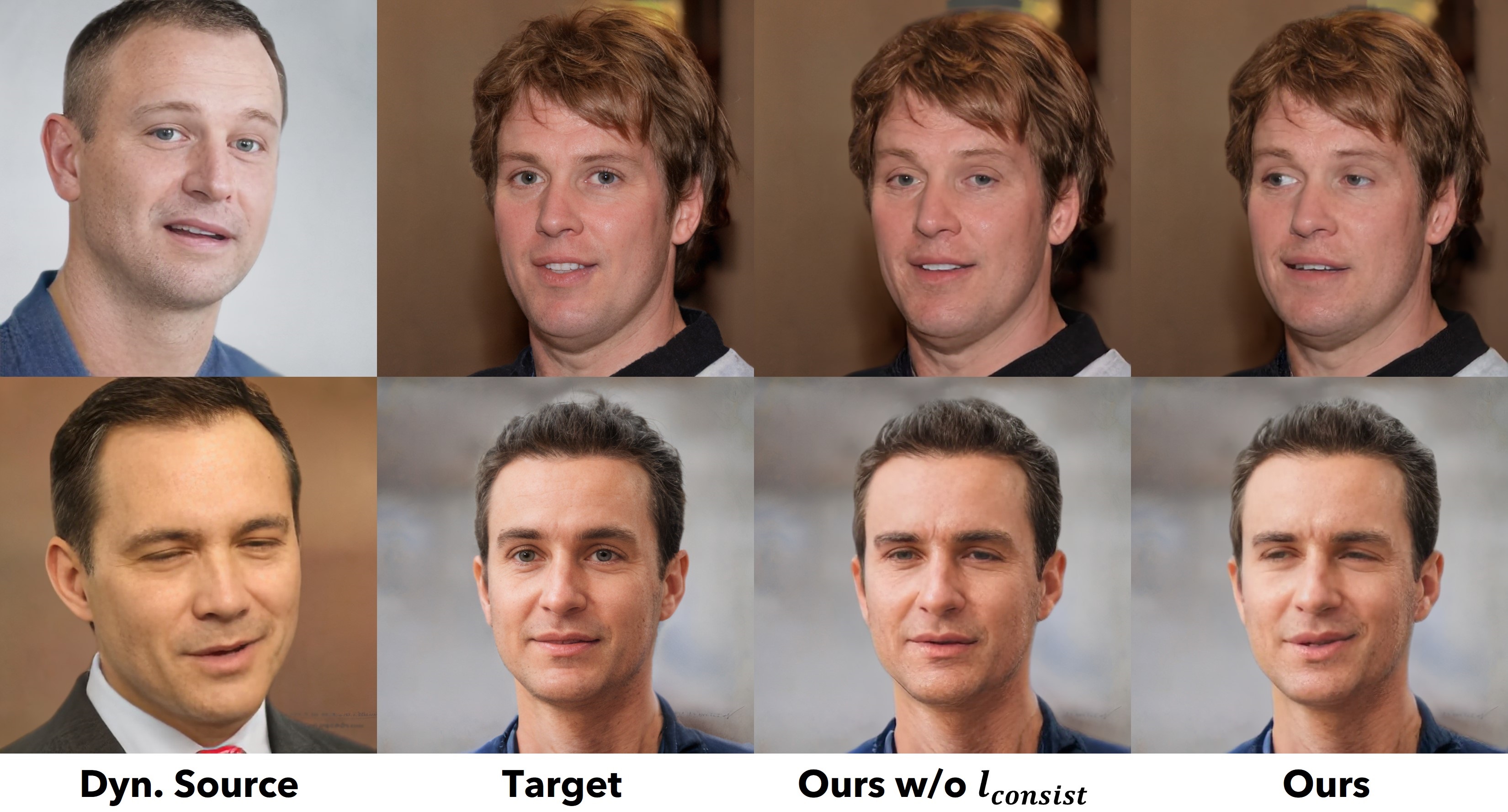 Ablation study on loss function l_consist for disentangled latent space learning. We generate the results by only transferring the facial dynamics from source to target with head pose unchanged. l_consist is crucial for decoupling subtle yet important facial dynamics from head pose.