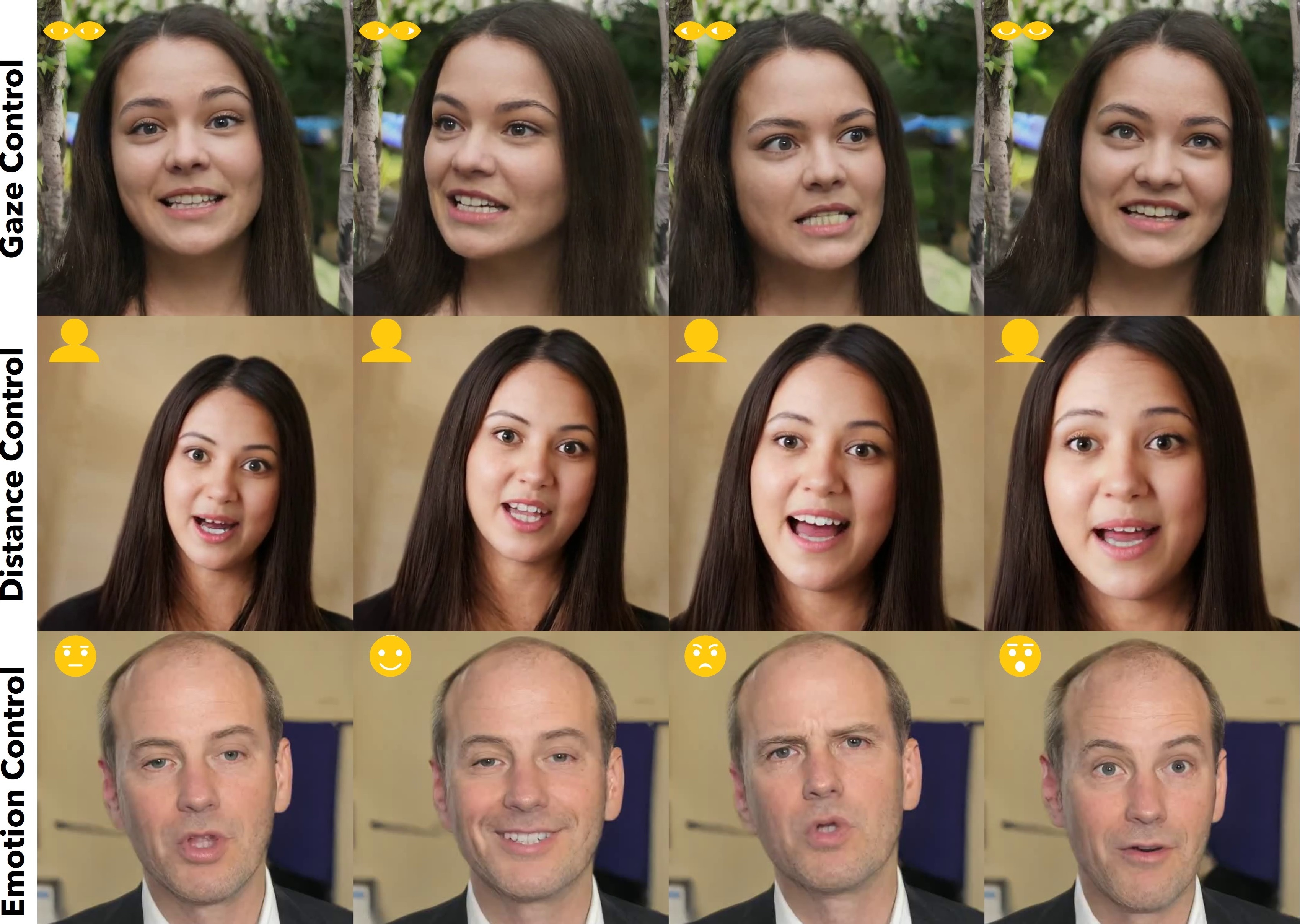 Generated talking faces under different control signals. Top row: results under different main gaze direction condition (forward-facing, leftwards, rightwards, and upwards, respectively). Middle row: results under different head distances (from far to near). Bottom row: results under different emotion offset (neutral, happy, angry and surprised, respectively).
