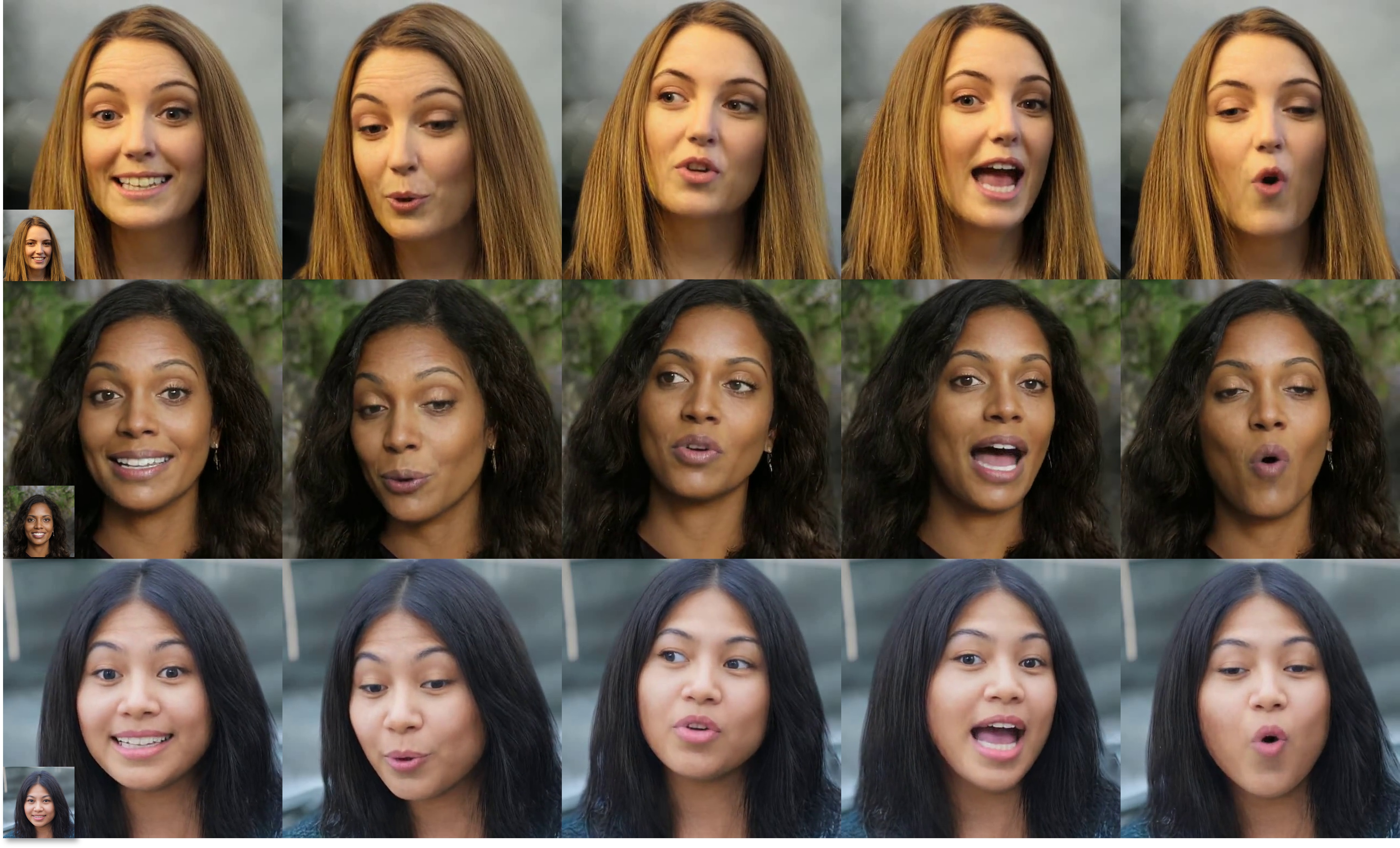 Disentanglement between identity and motion. In these examples, the same generated head and facial motion sequences are applied onto three different face images.