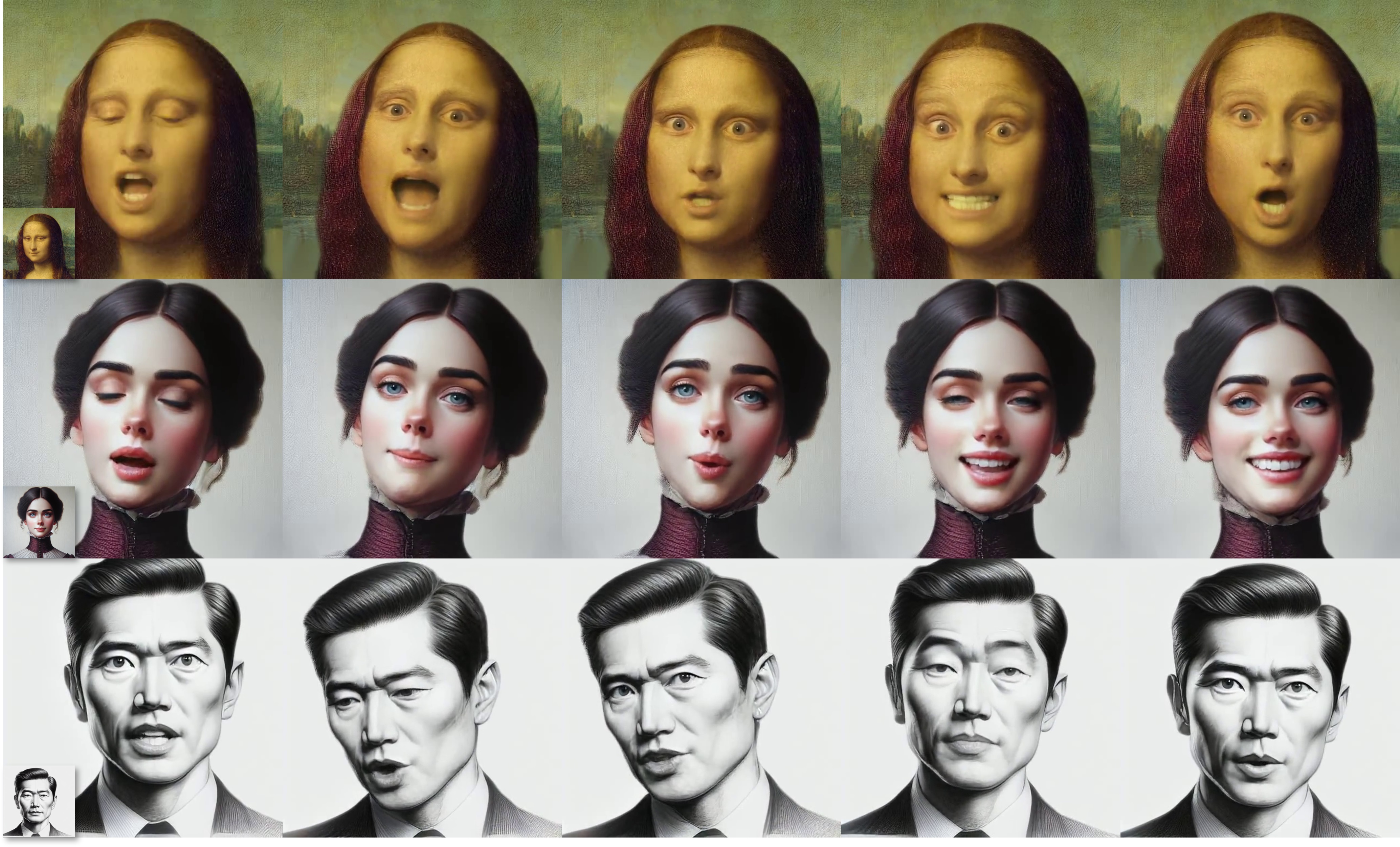 Generation results with out-of-distribution images (non-photorealistic) and audios (singing audios for the first two rows and non-English speech for the last row). Our method can still generate high quality videos well-aligned with the audios, although it was not trained on such data variations. See the supplementary video with audio for a better illustration of these results.