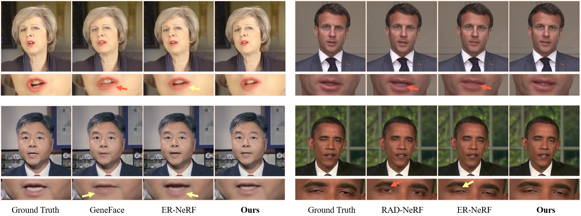 Qualitative comparison of the generated facial details. Our method synthesizes more accurate and intact details than the recent NeRF-based state-of-the-art methods. Please zoom in for better visualization.
