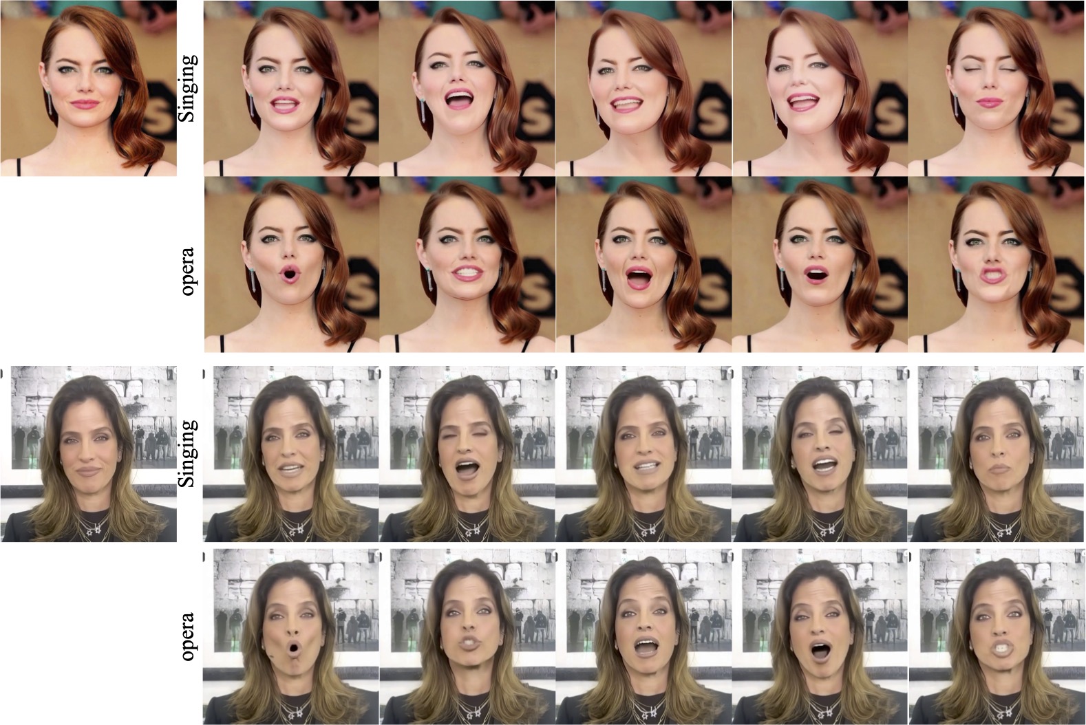 Video generation results of the proposed approach given different audio styles.