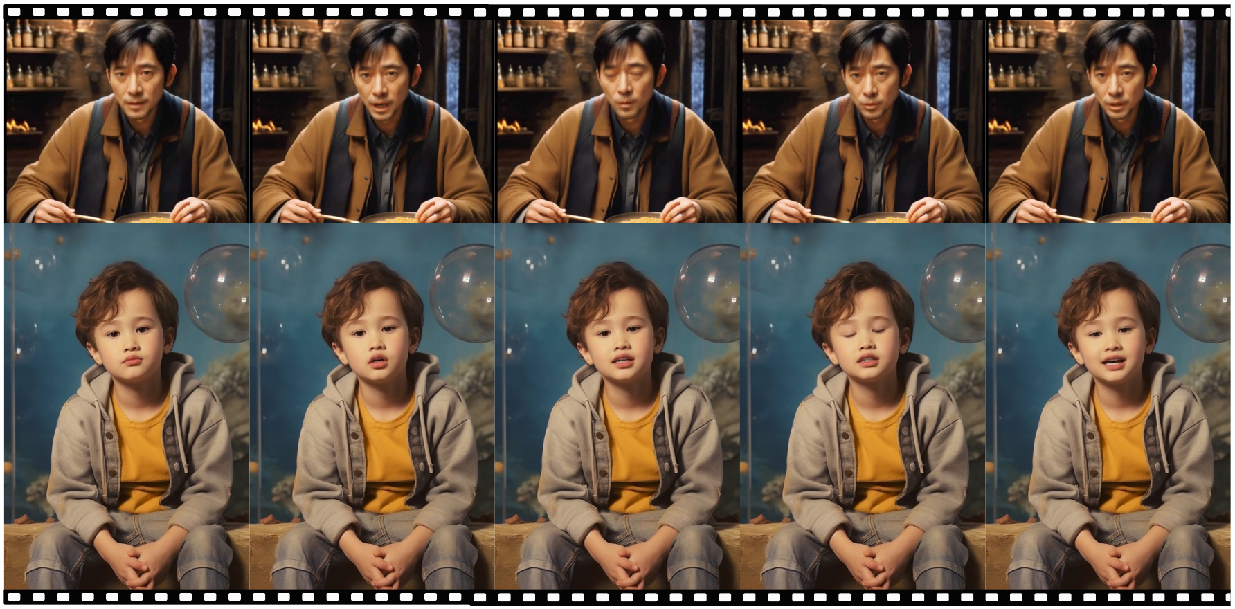 Audio-driven examples. This figure presents two examples of audio-driven portrait animation with stitching applied. The lip movements can be accurately driven by the audios input.