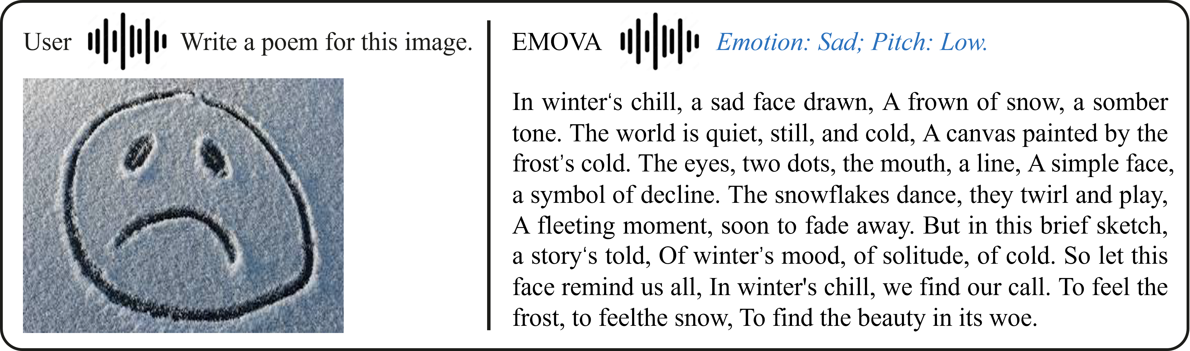 engages in omni-modal emotional spoken dialogue expressing sadness.