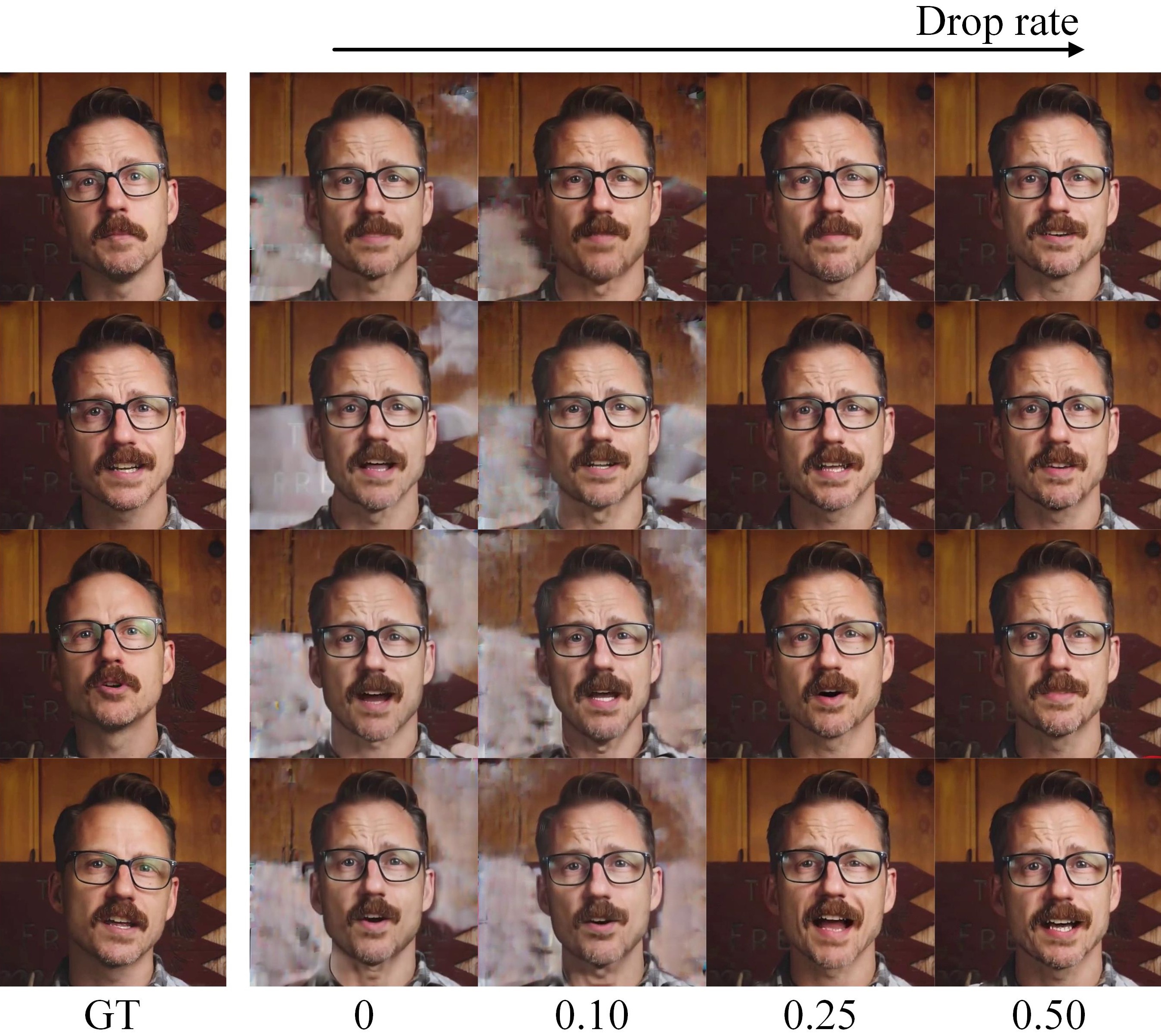 Qualitative comparison of different patch drop rate applied to motion frames on the CelebV data-set.