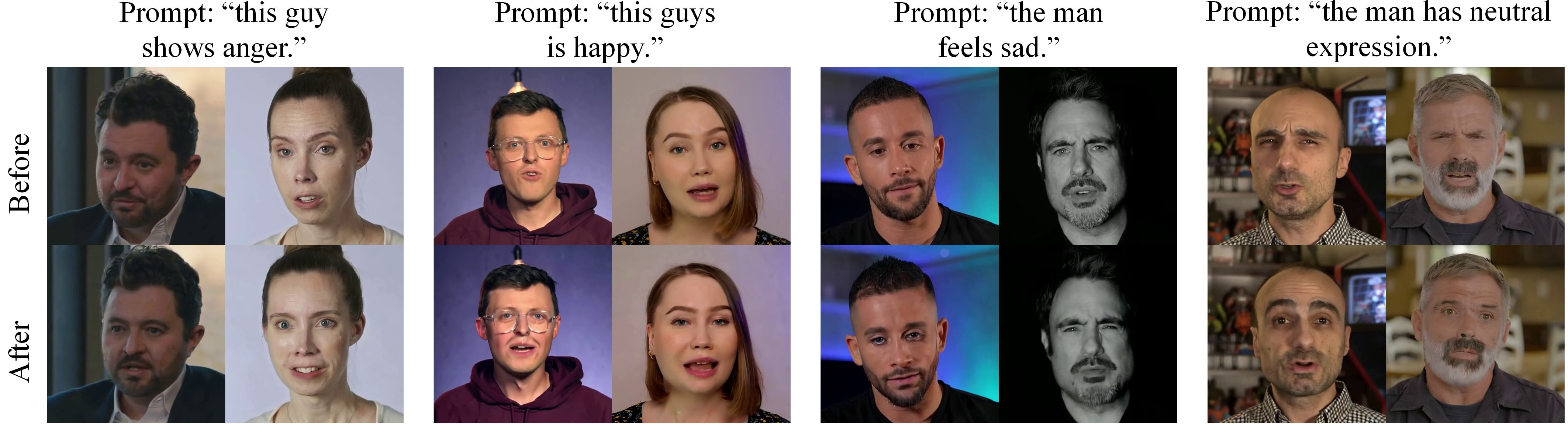 Qualitative comparison of portrait animation before and after applying the textual prompts.