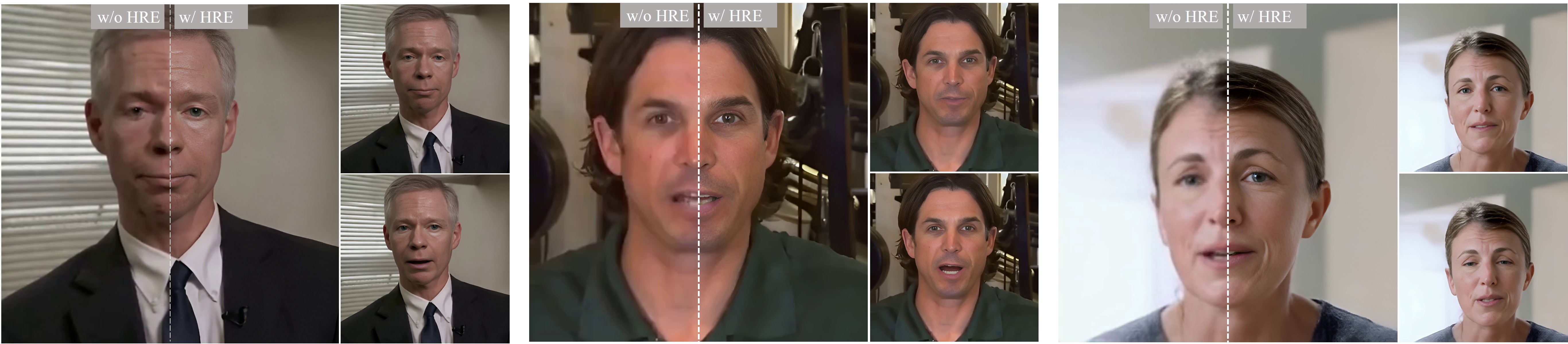 Qualitative comparison of the portrait image animation results with and without high-resolution enhancement.