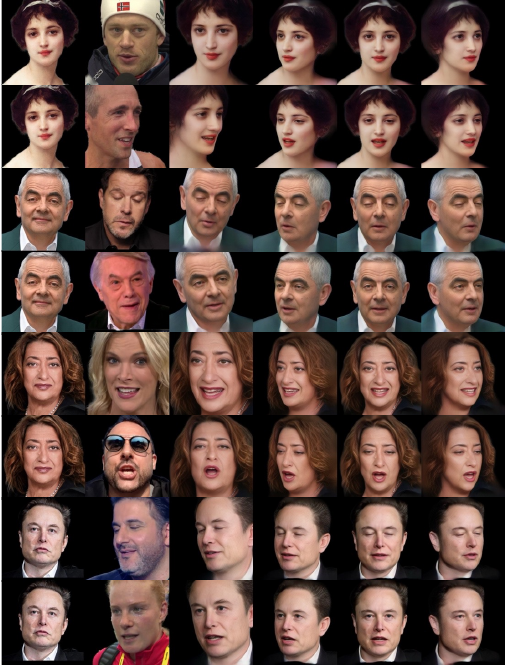 Reenactment and multi-view results of our method on in-the-wild images. From left to right: input image, driving image, driving and novel view results.