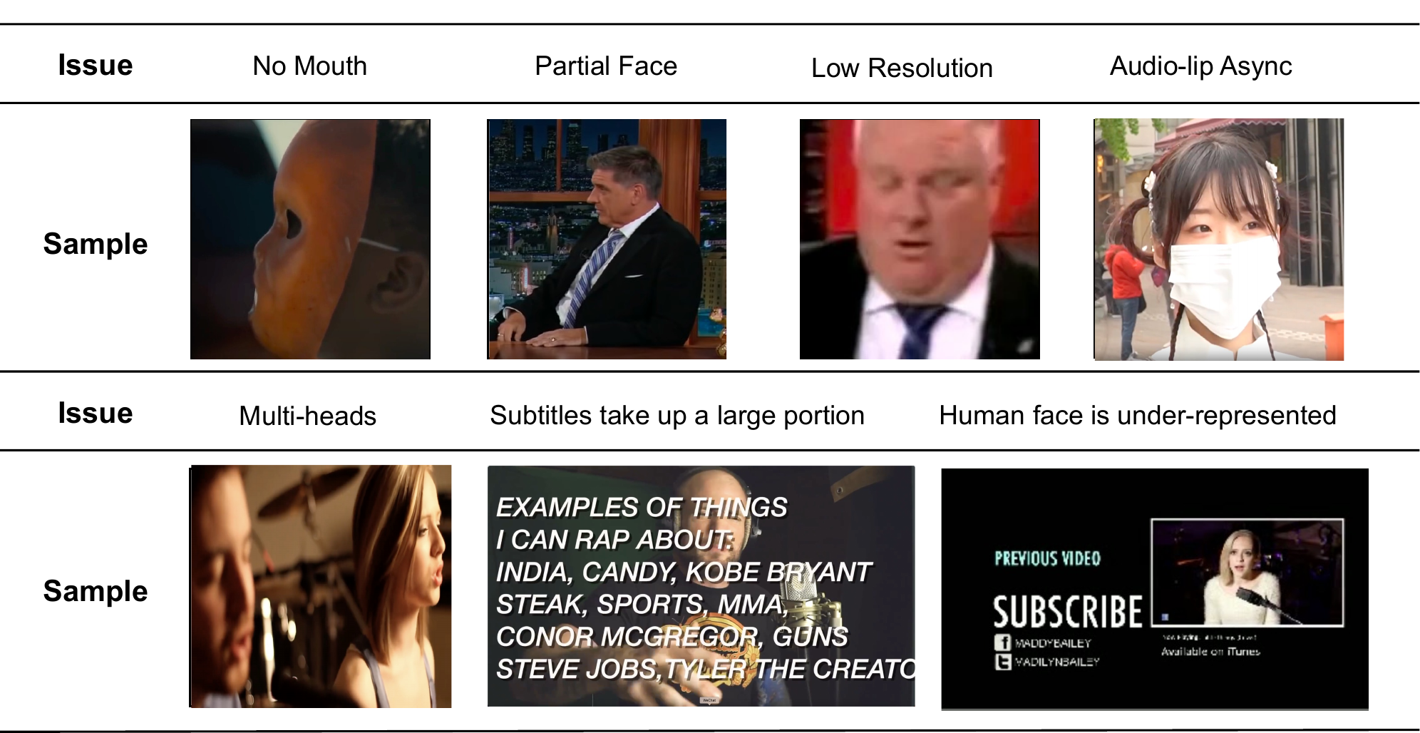 Examples of issues in the raw dataset.