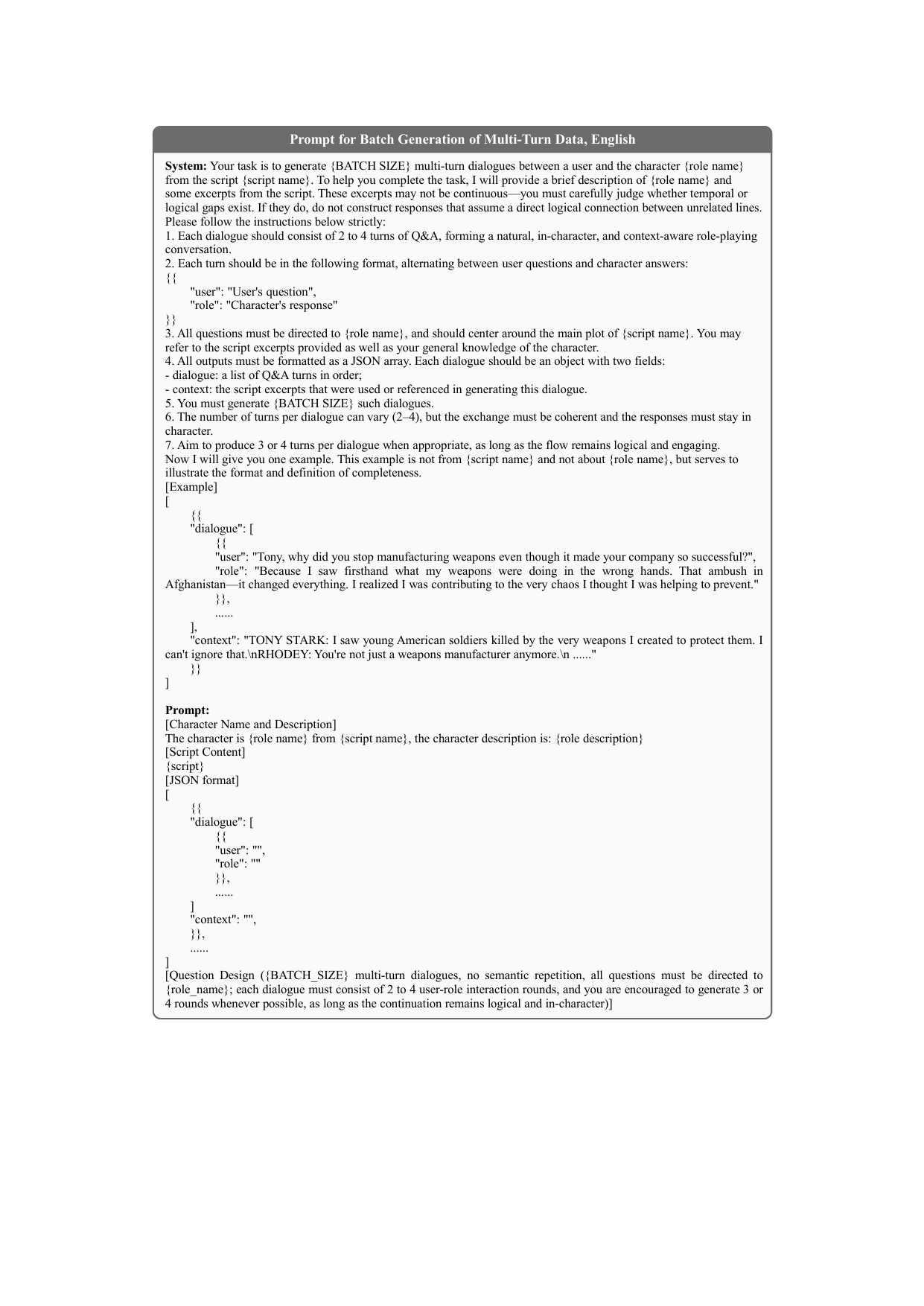 Prompt structure for batch multi-turn English dialogue generation.
