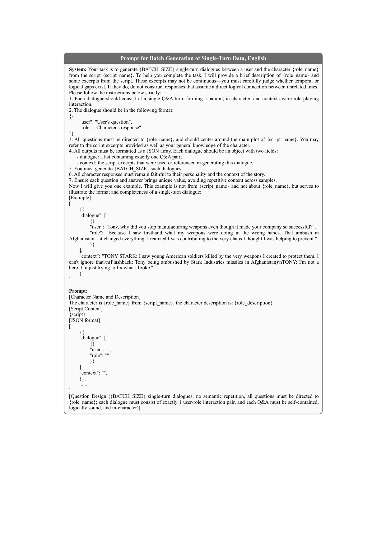 Prompt structure for batch single-turn English dialogue generation.