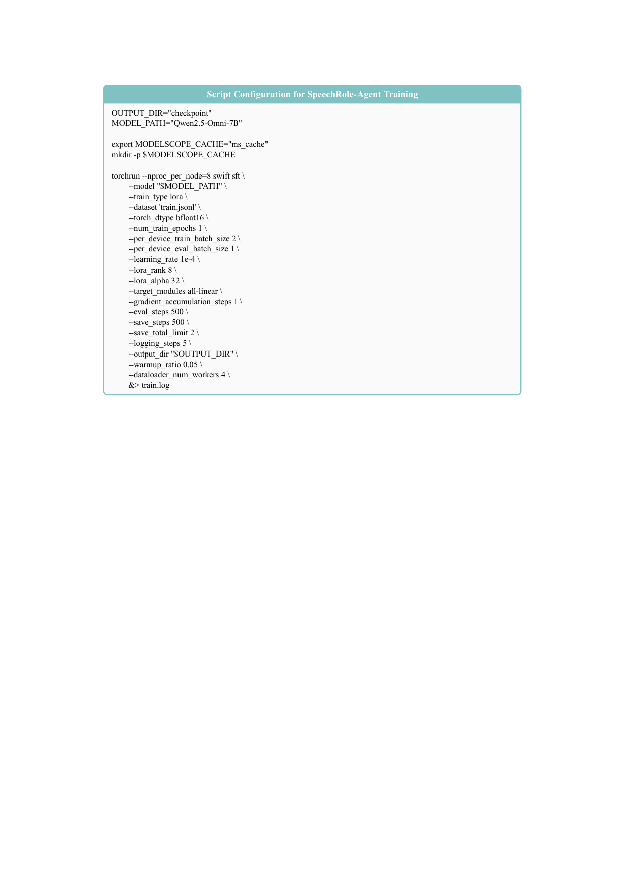 Training script configuration for fine-tuning the Qwen2.5-Omni-7B model.
