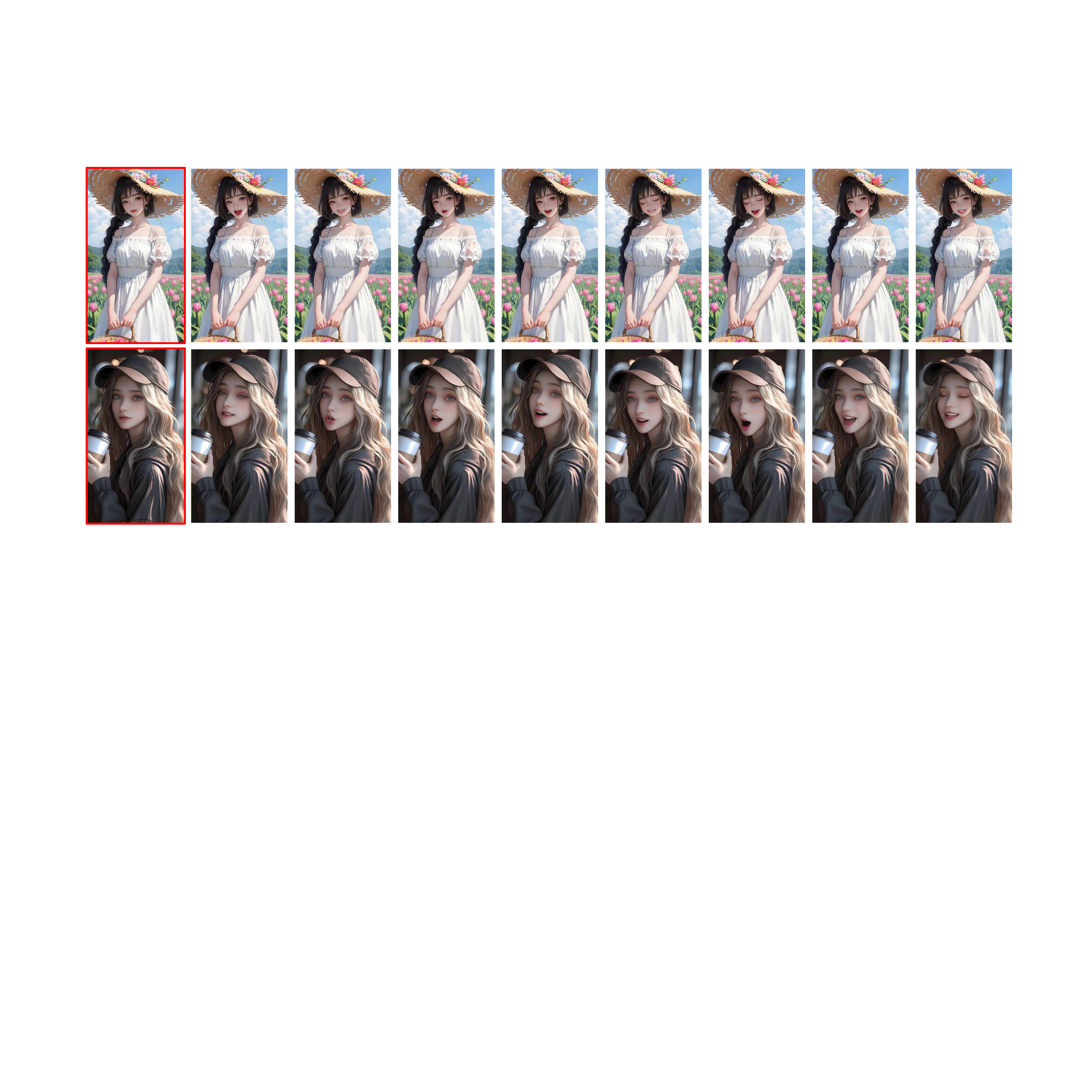 Audio-driven cartoon avatar animation results. The images with red borders are the reference images.