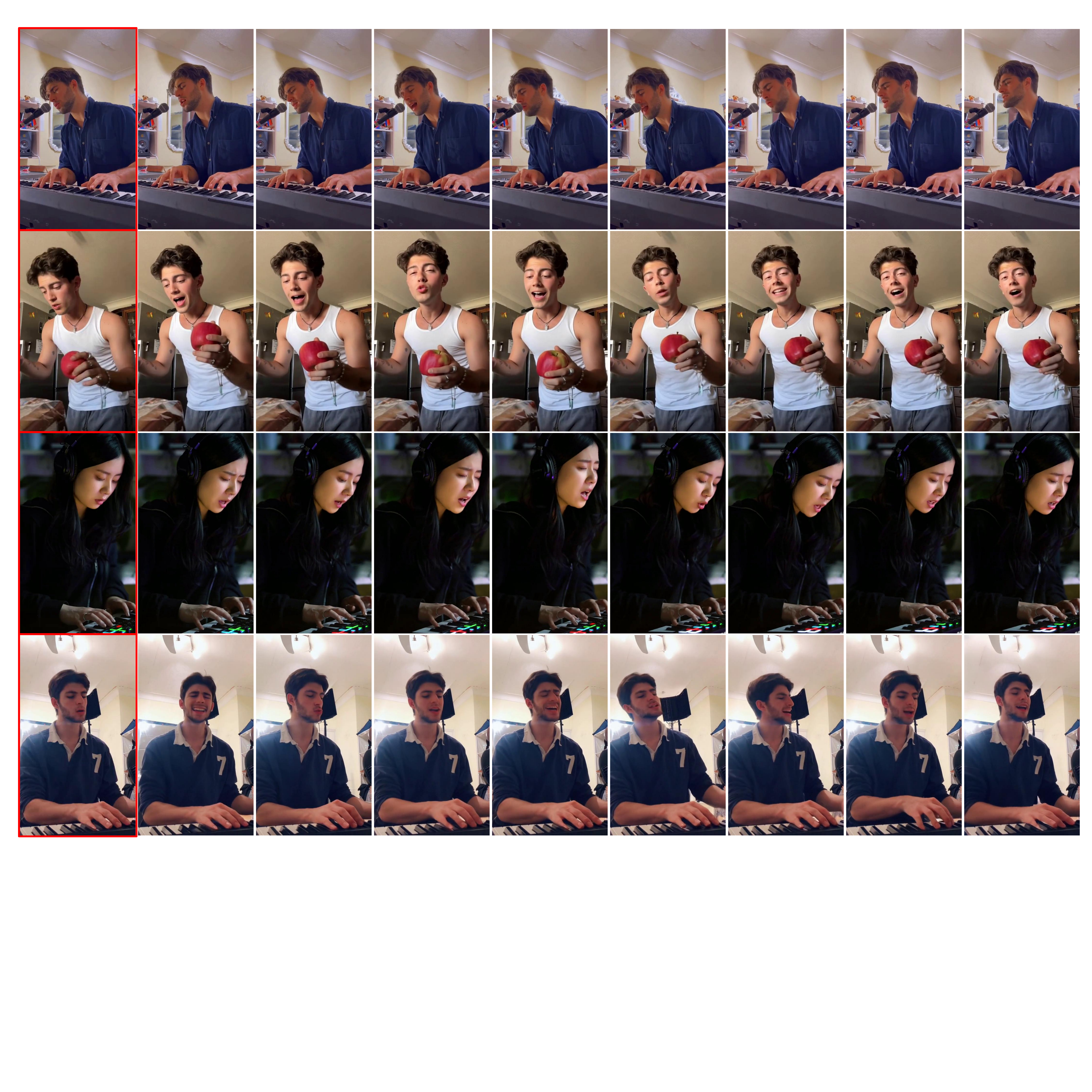 Full/Half-body avatar animation results. The images with red borders are the reference images.