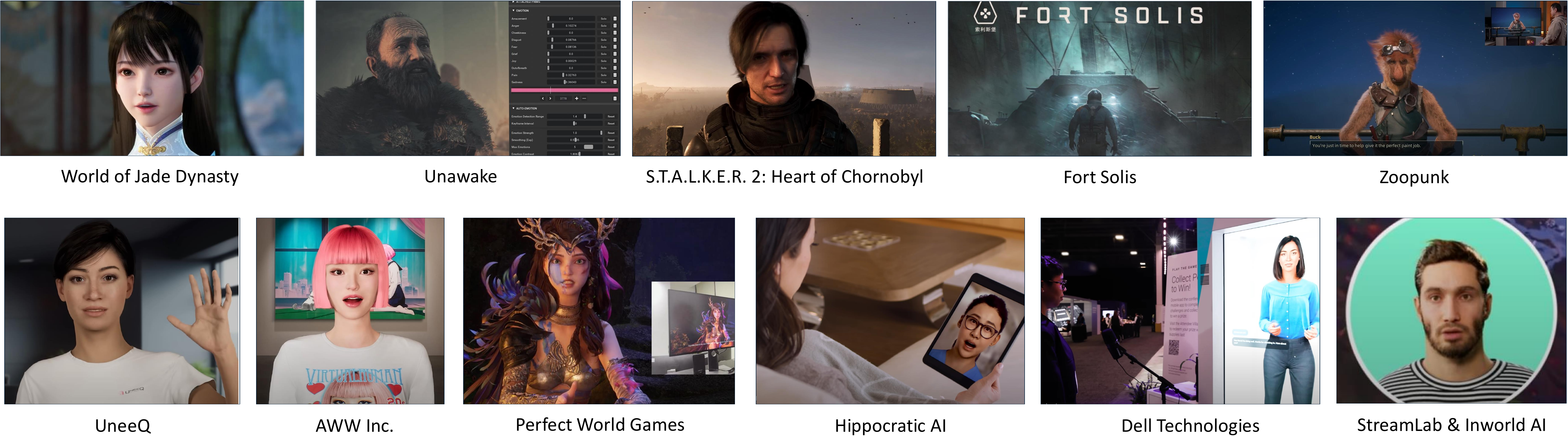 Example use cases of in games (top row) and interactive avatars (bottom row).
