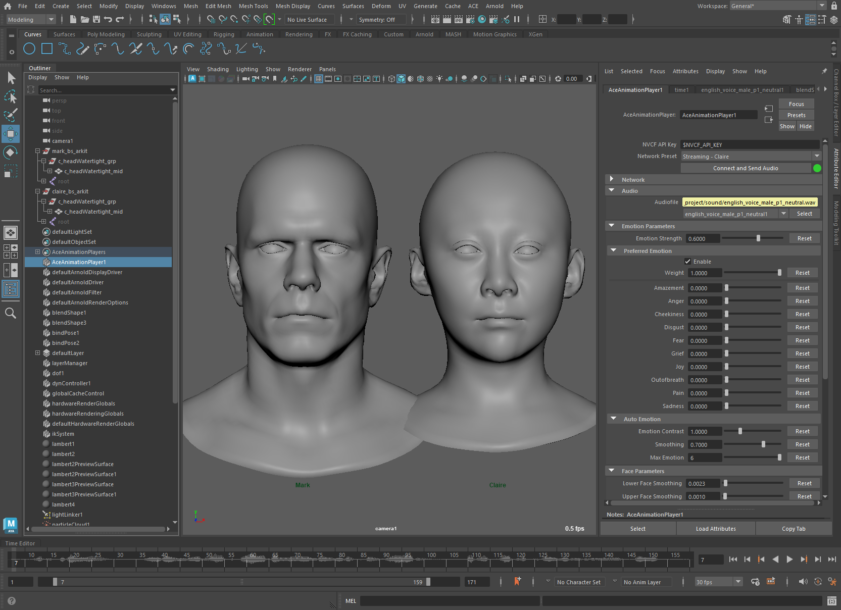 A2F postprocessing in Maya-ACE. Left: The user interface of the ACE plugin for Maya. Right: The post-processing parameters that allow the user to refine the inference output.