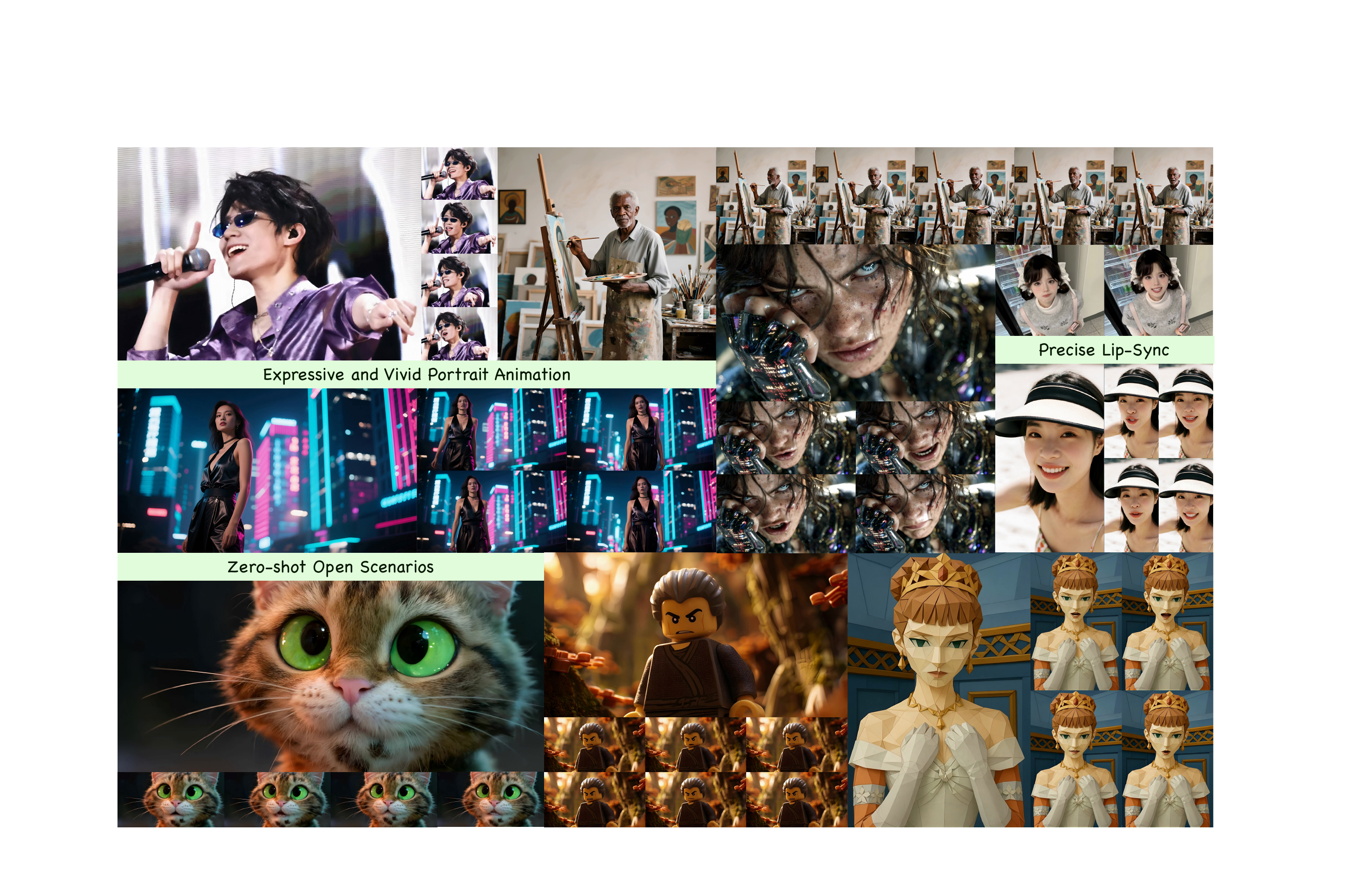 Conditioned on audio, image, and user prompts, Kling-Avatar generates high-fidelity portrait animations through instruction grounding and semantic planning. The results exhibit vivid emotions, rich actions, and precise lip synchronization, while also showing strong generalization to open scenarios such as anime, cartoons, and stylized characters.