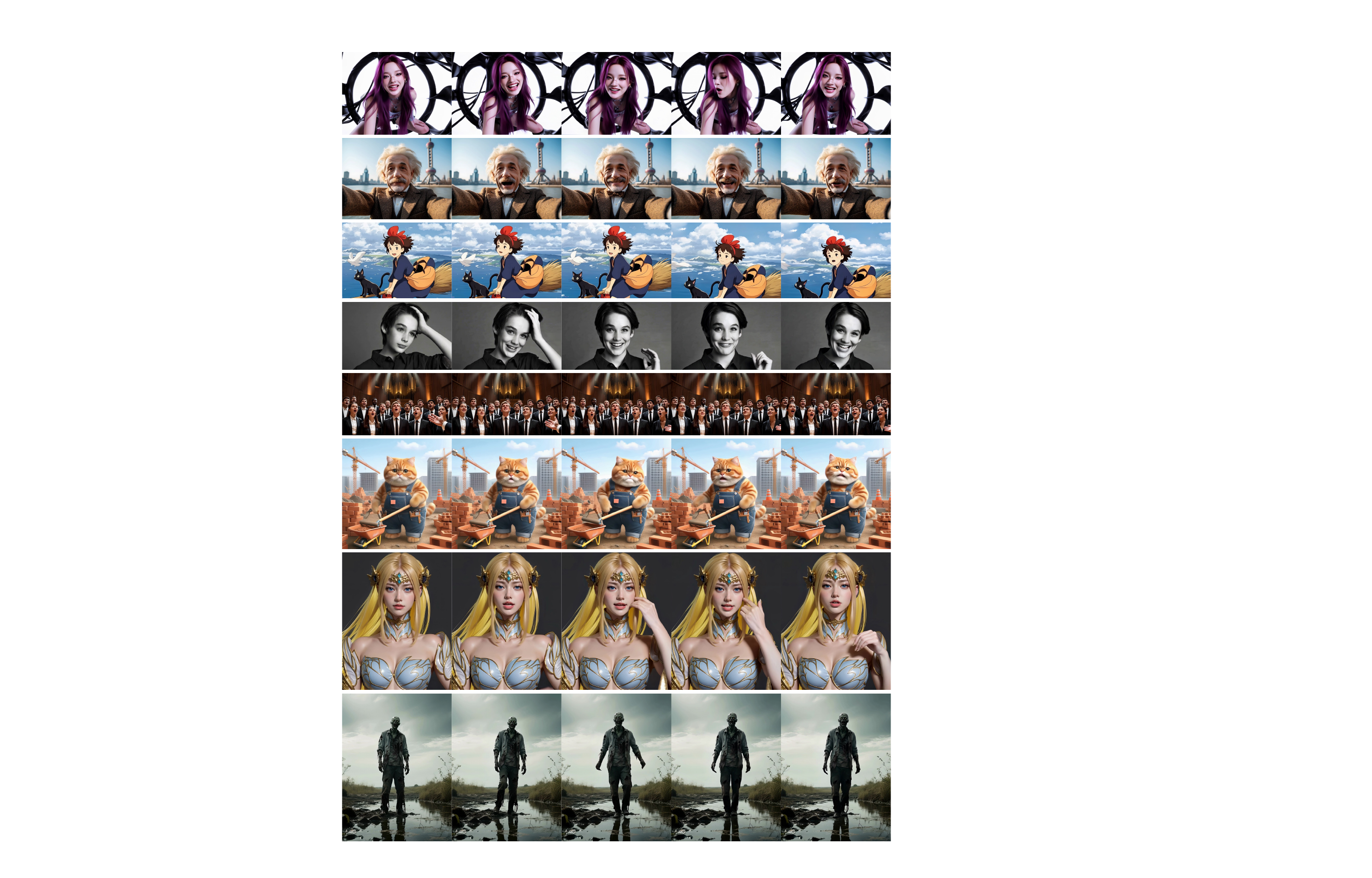 Our generated videos with multimodal instruction conditioning. We highlight our results in generating vivid and coherent portrait animations with strong control over emotions, camera movements, lip synchronization and motion dynamics.