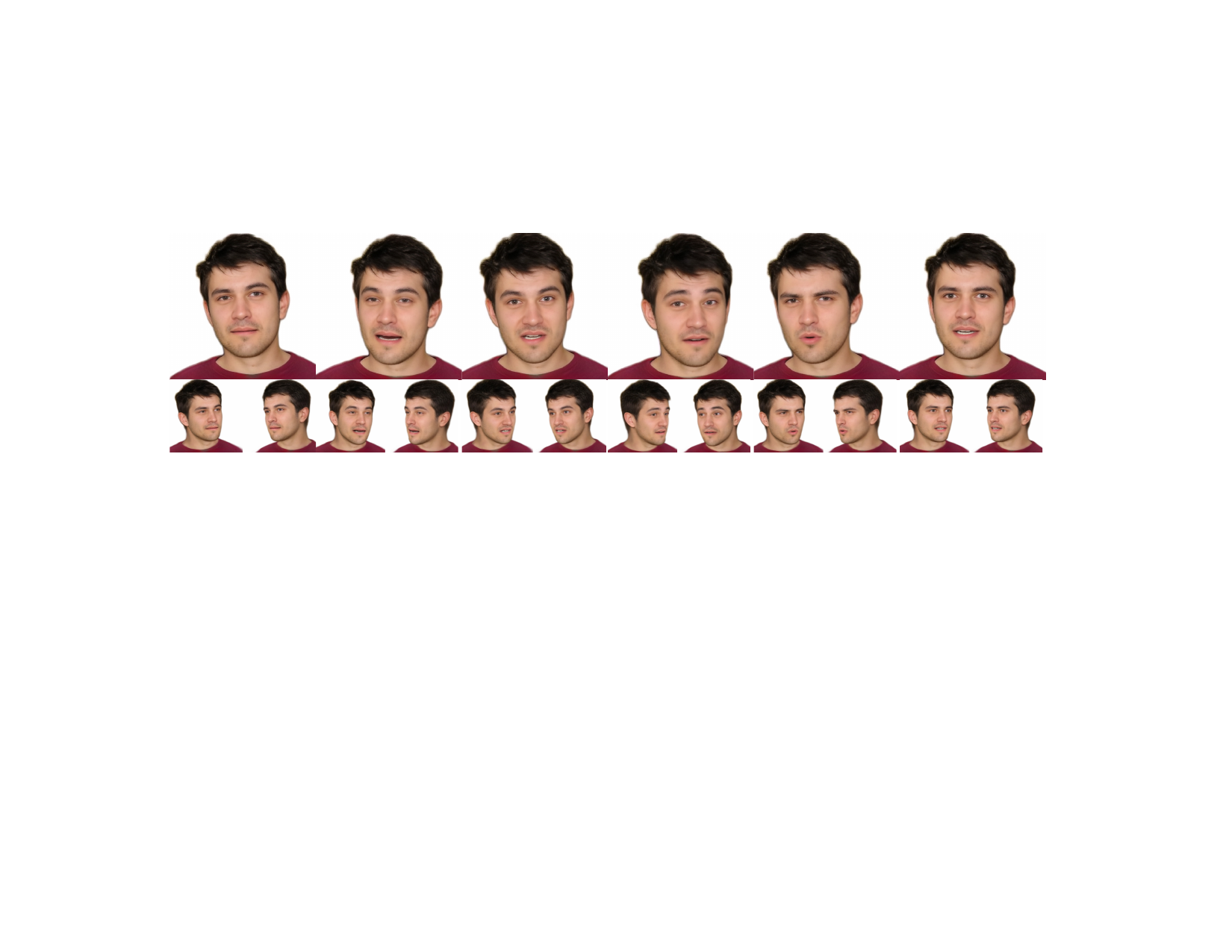 Example frames from the generation results of VASA-3D. The first row shows the frontal view and the second row presents side views of the same frames.