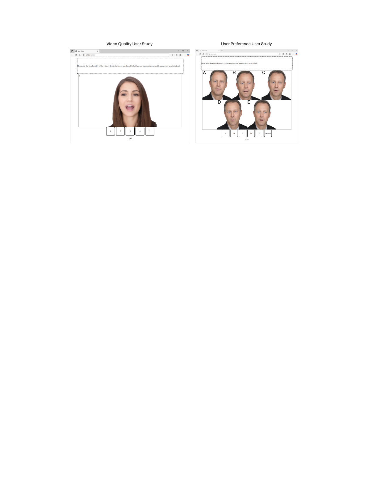 The user study interface for result comparison with existing audio-driven 3D talking head avatar methods. Left: To assess the visual quality of the rendered videos, we asked the participants to assign satisfaction scores from 1 to 5. Videos were presented one at a time, with the play order of different methods randomized for each test case. We asked the participants to provide their own judgment of satisfaction when watching a talking avatar on screen. Note that individual satisfaction levels may vary; however, the averaged scores provide a fair basis for comparison as each participant rated results from all methods.. Right: To evaluate user preferences for overall realism, we display the results of all compared methods side by side and ask the participants to select the one that looks the most realistic to them. Method names remained anonymous and their orders are randomly shuffled for each test case.