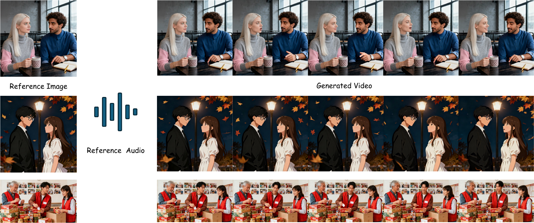 Multi-person results. It presents a dialogue scenario, where characters correctly respond to conversational audio by switching between speaking and idle states. It showcase performance in multi-person scenes, with coordinated behavior for both speakers and listeners.