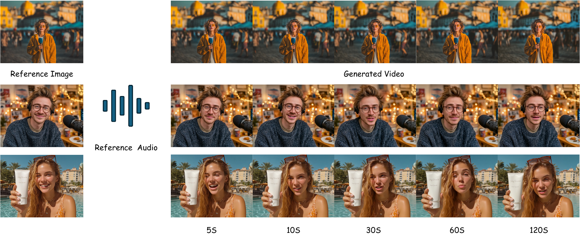 Minute-long video generation. It show consistent visual effects with accurate audio alignment.