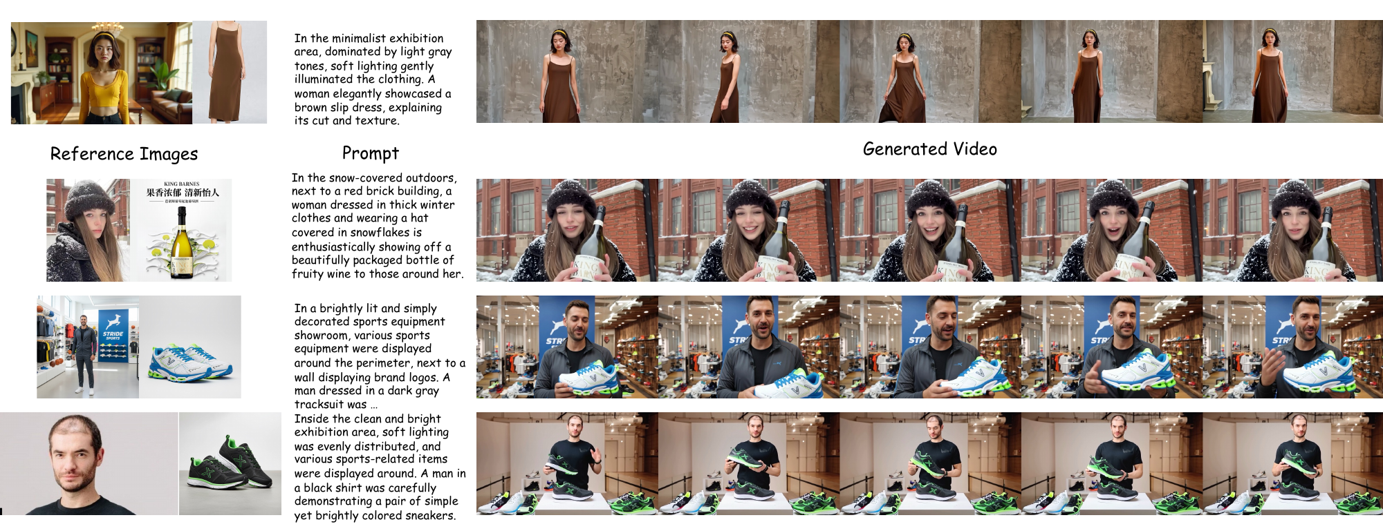 Reference Images to Video Results. SkyReels-V3 can enable instant video creation for diverse live commerce hosts and settings.