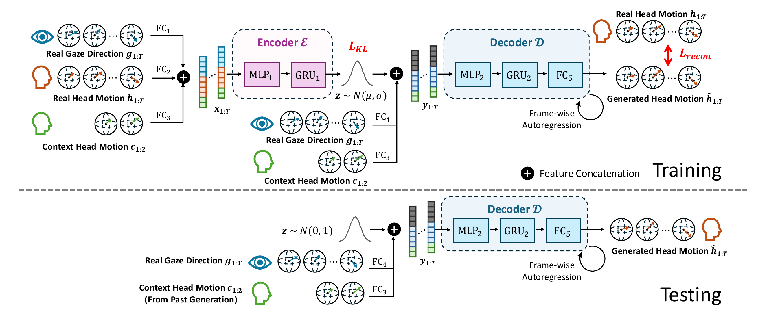 Our cVAE framework for modeling gaze-head coordination during training and testing phases. The model generates head motion conditioned on gaze sequences and leverages context from historical generation for smooth long-term results.