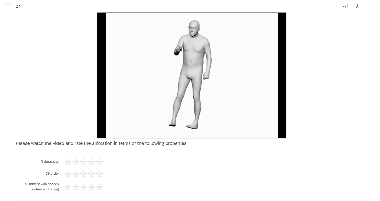 User study interface in Qualtrics with five-point Likert scale evaluation.