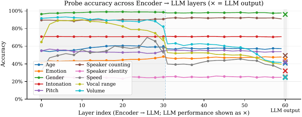 Layer-wise probe accuracy from encoder to LLM on VoxCeleb2-derived paralinguistic tasks for AF3, showing utilization gap and interface degradation patterns consistent with VoxParadox findings.