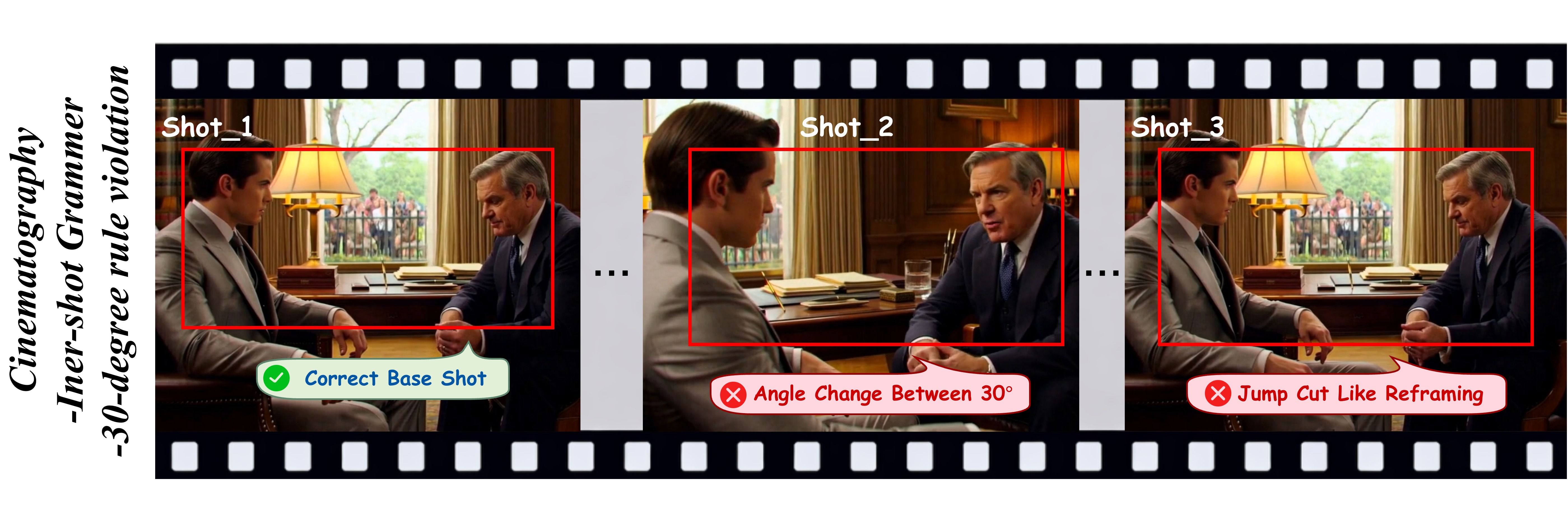 Cinematography-level failure case: 30-degree rule violation in inter-shot grammar.