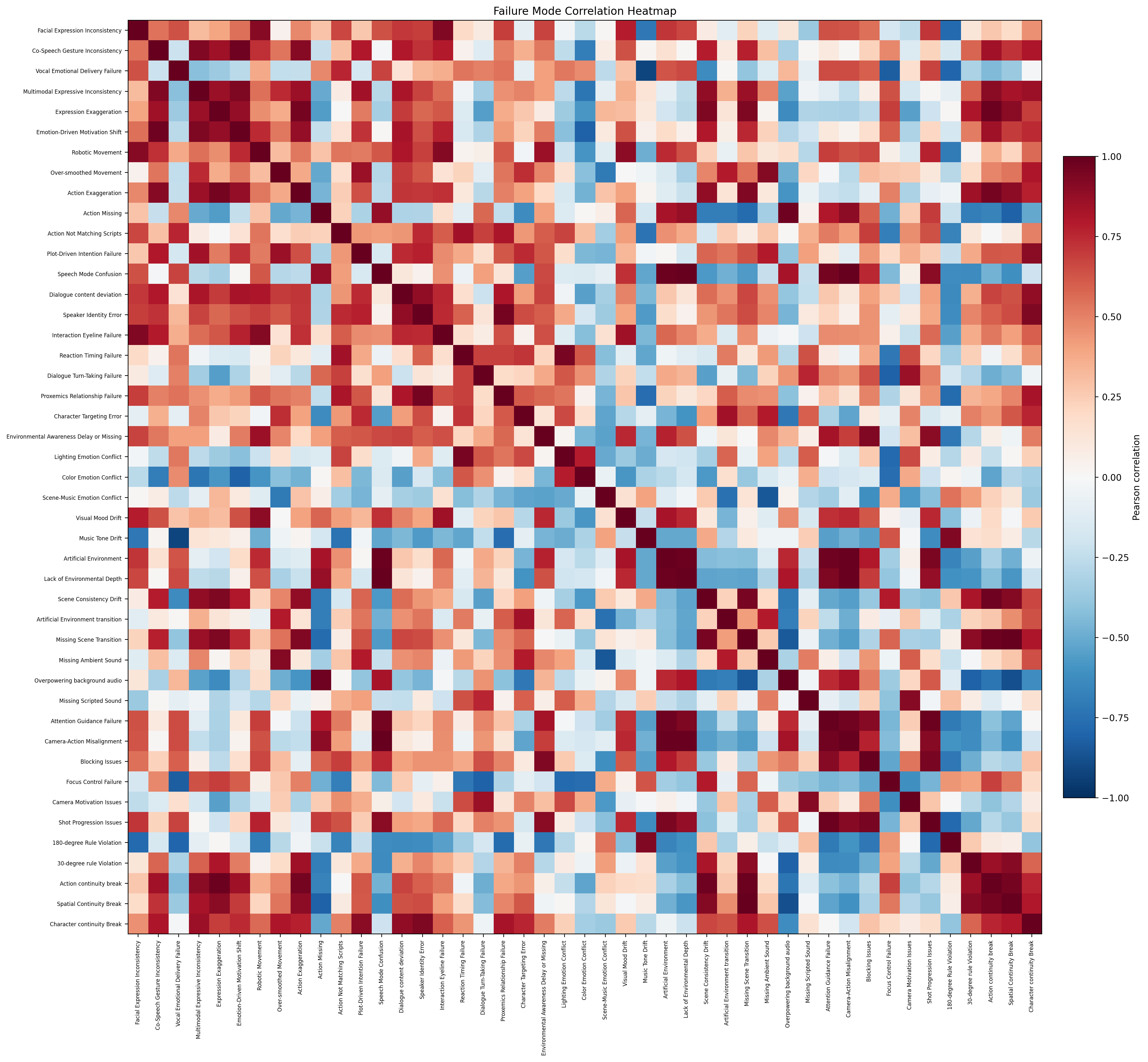 Pearson correlation heatmap across fine-grained failure modes.