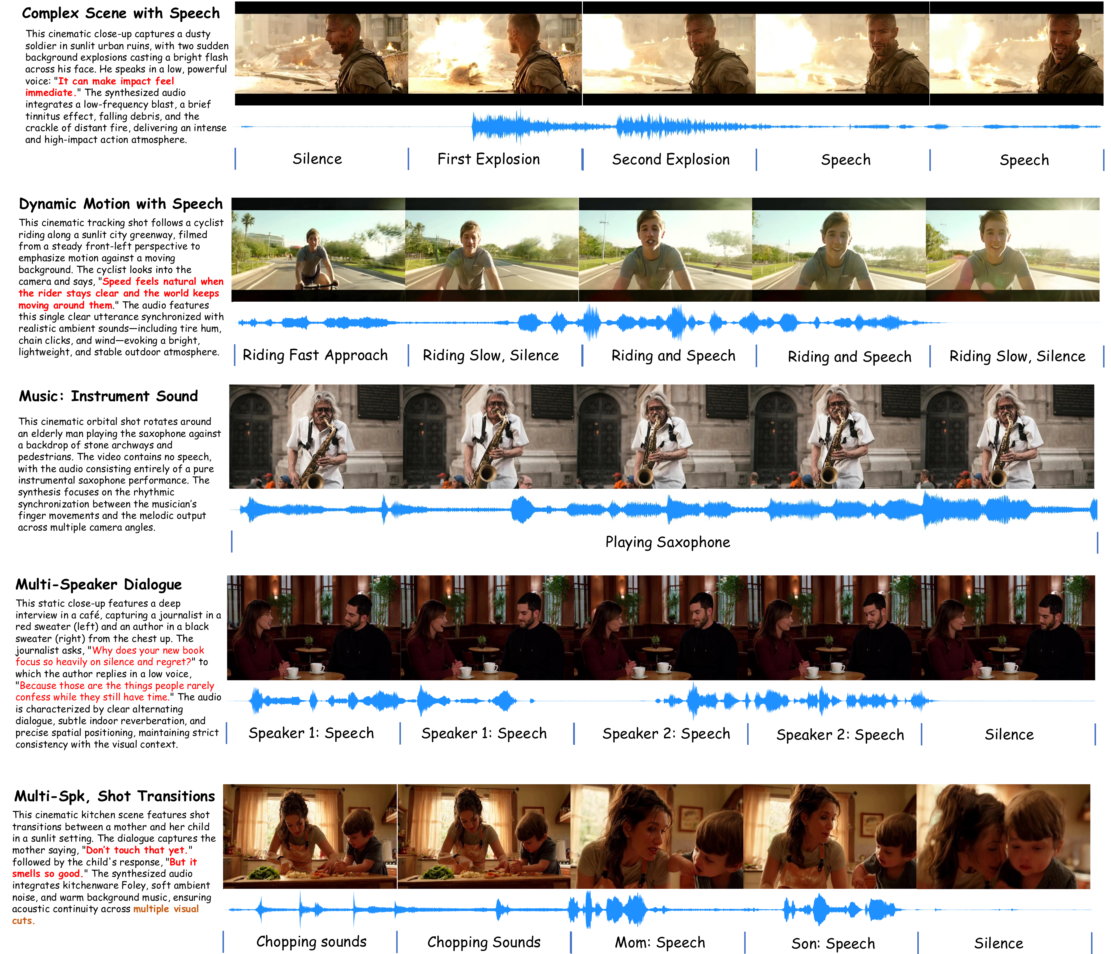 Qualitative visualization of NAVA. We present various generated video frames, audio waveforms, and event-level annotations across diverse scenarios, including complex speech scenes, dynamic motion, musical performance, multi-speaker dialogue, and shot transitions. The annotations highlight how the generated sounds are temporally aligned with visual events, such as silence, explosions, riding motion, instrumental performances, speaker turns, chopping sounds, and scene cuts. Overall, NAVA produces semantically coherent audio-visual outputs with diverse sound events, scene-aware acoustics, and controllable speaker assignment.