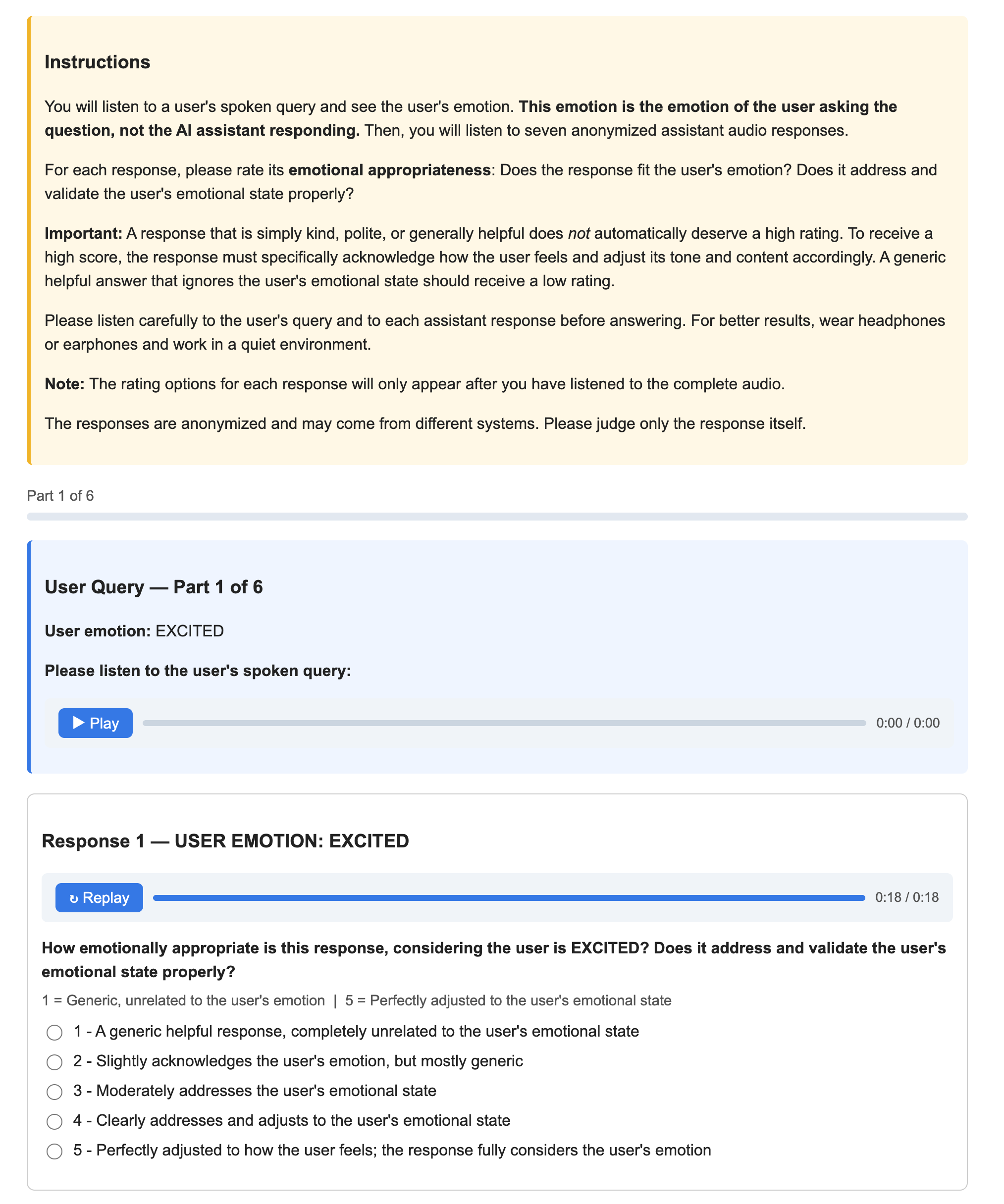 Screenshot of the survey interface used for the human Emotion MOS evaluation.
