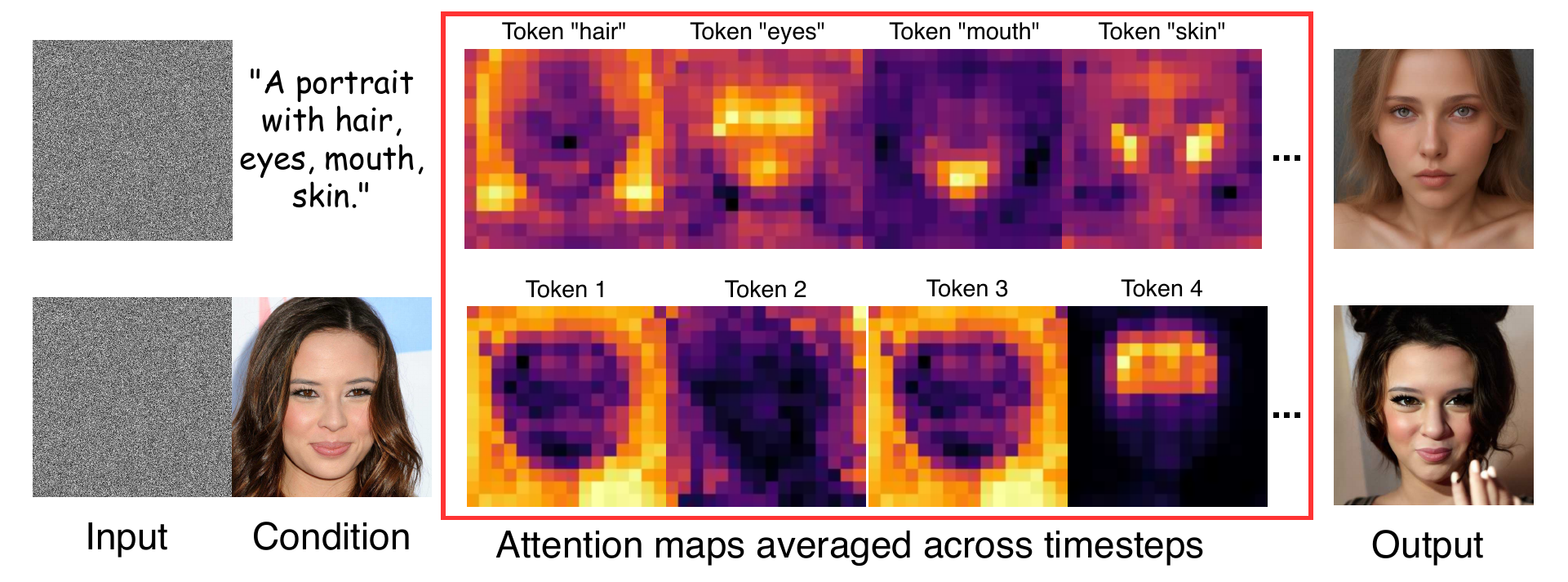 Cross-attention maps. Text tokens activate over semantically distinct regions; image tokens overlap broadly without spatial disentanglement.