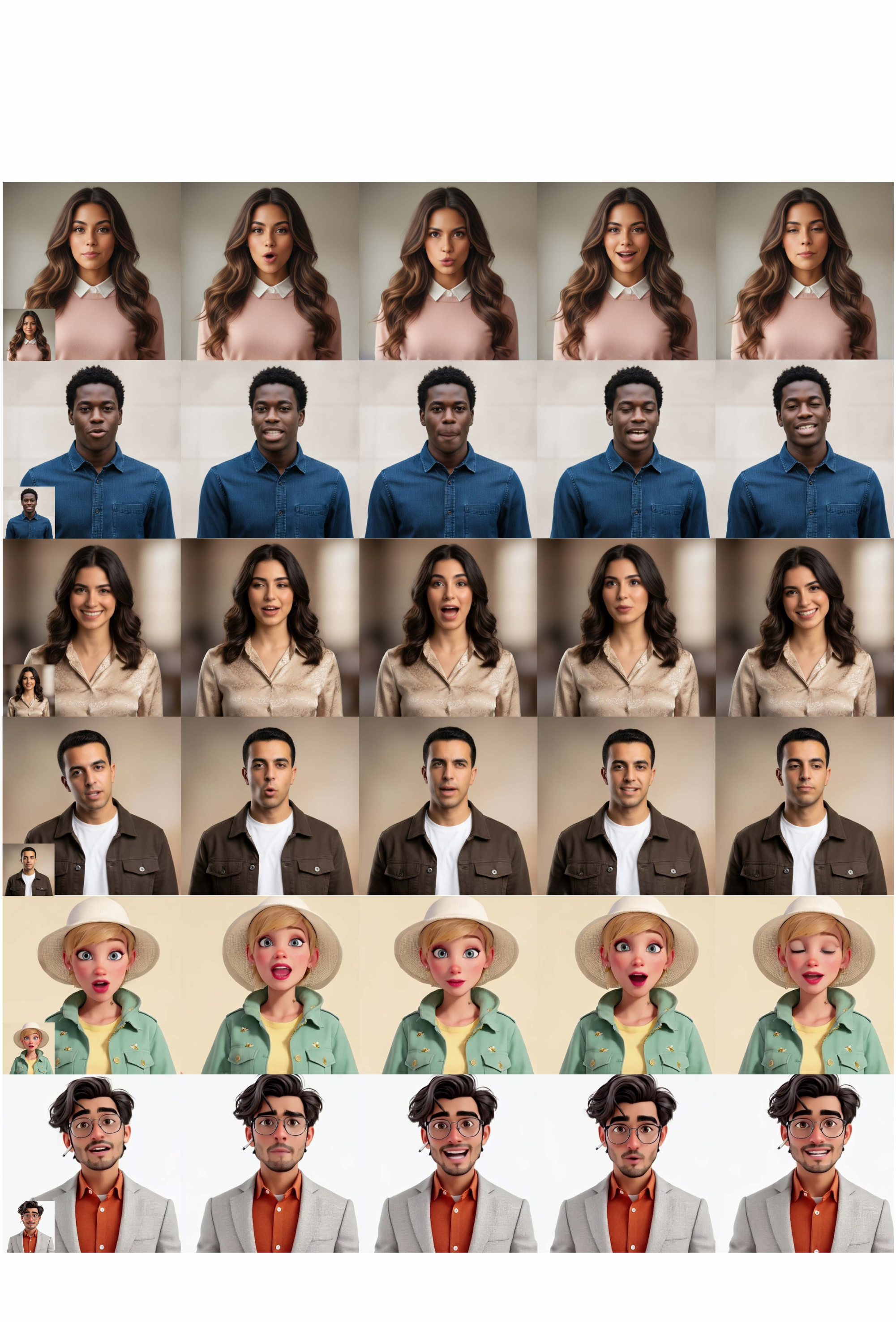 Talking portrait videos generated by our method, which naturally and comprehensively capture portrait video dynamics. (Best viewed with zooming in; see the supplementary videos for a more comprehensive evaluation.)
